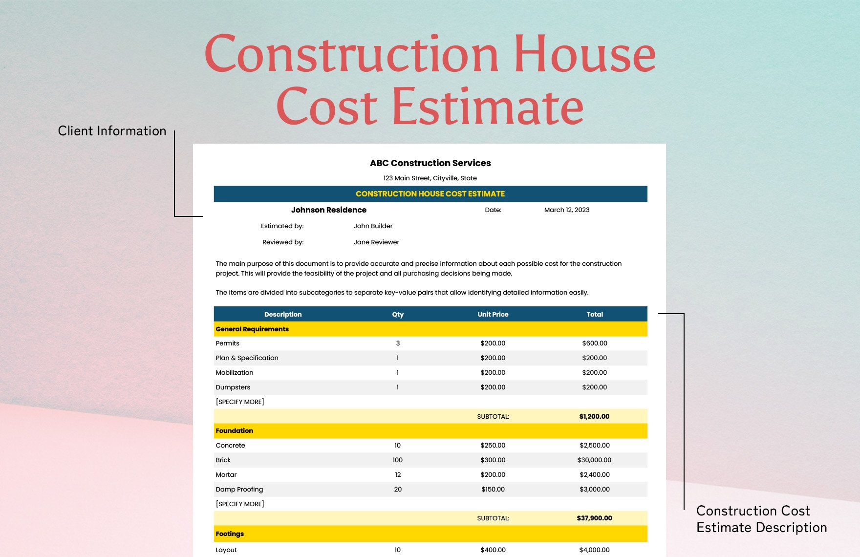 Construction House Cost Estimate Template