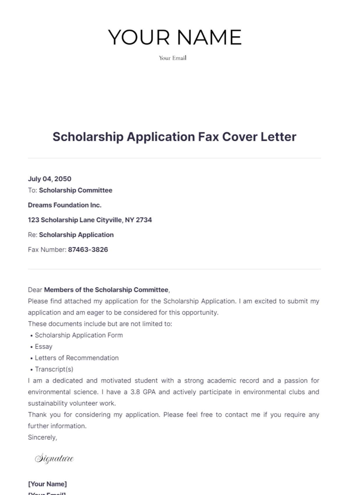 Scholarship Application Fax Cover Letter - Edit Online & Download