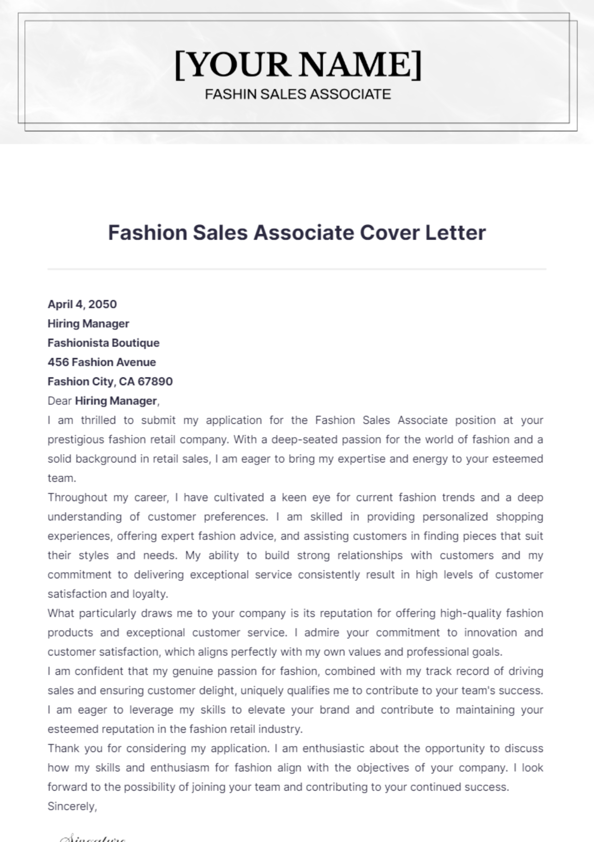 Fashion Sales Associate Cover Letter - Edit Online & Download