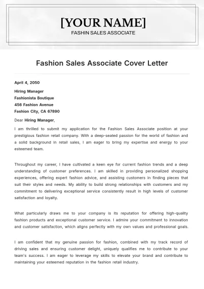 Free Fashion Sales Associate Cover Letter to Edit Online