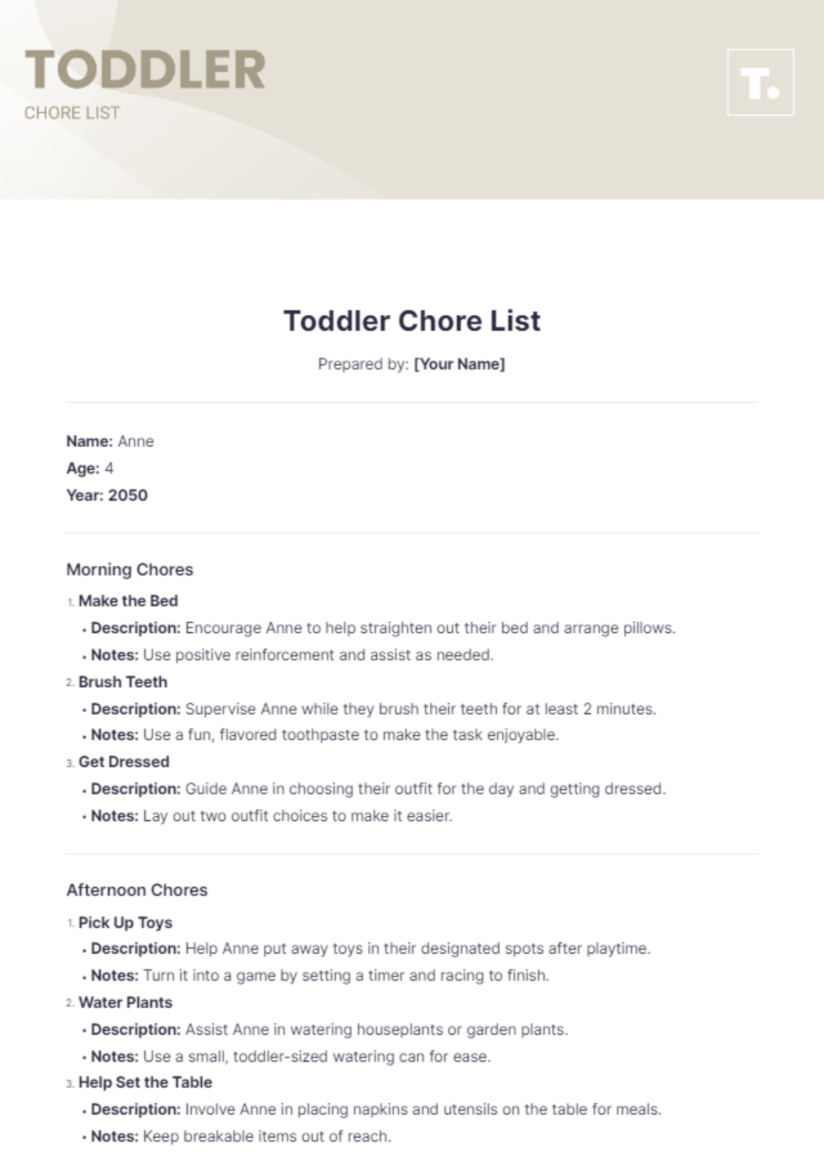 Toddler Chore List Template - Edit Online & Download