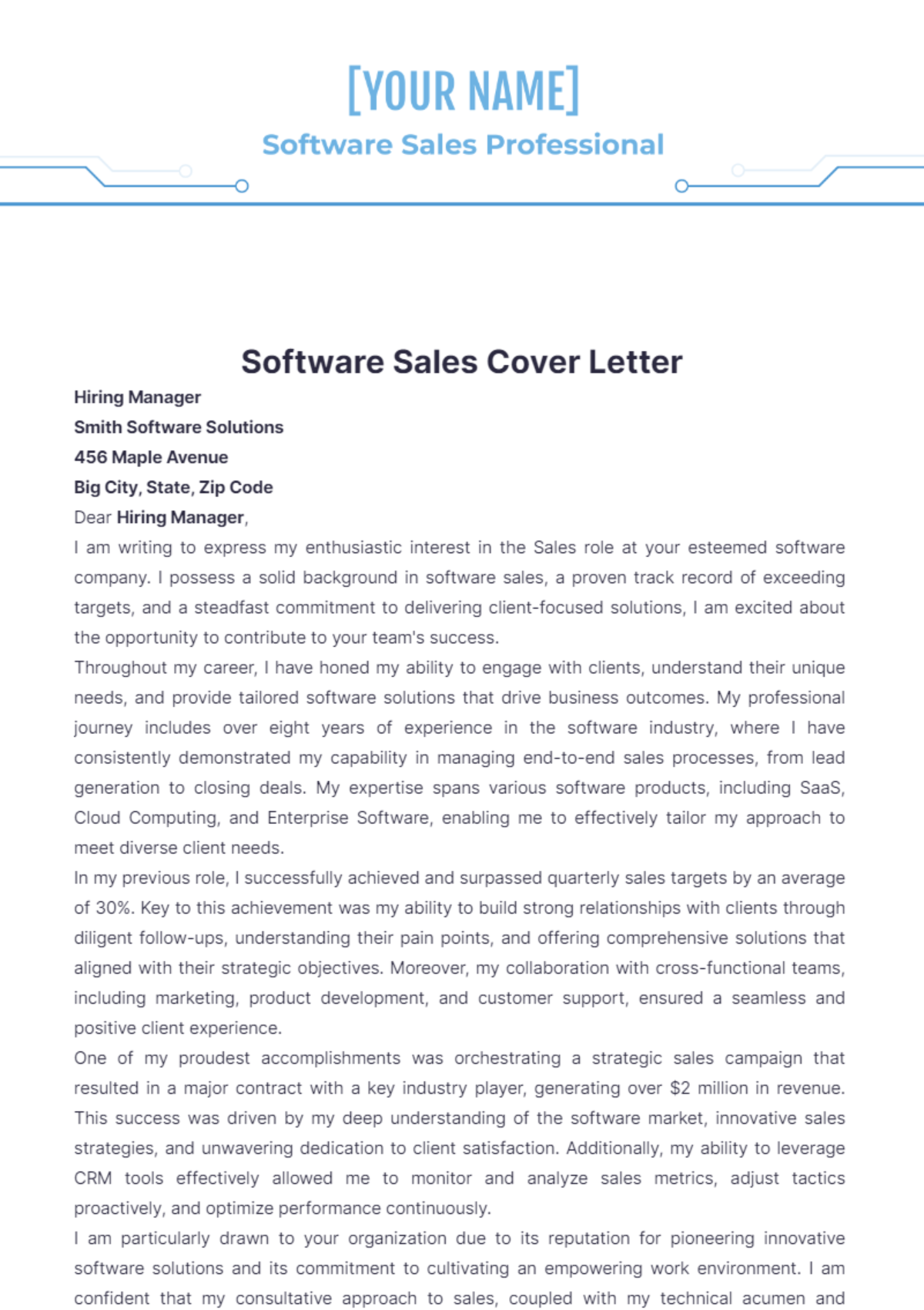 Software Sales Cover Letter