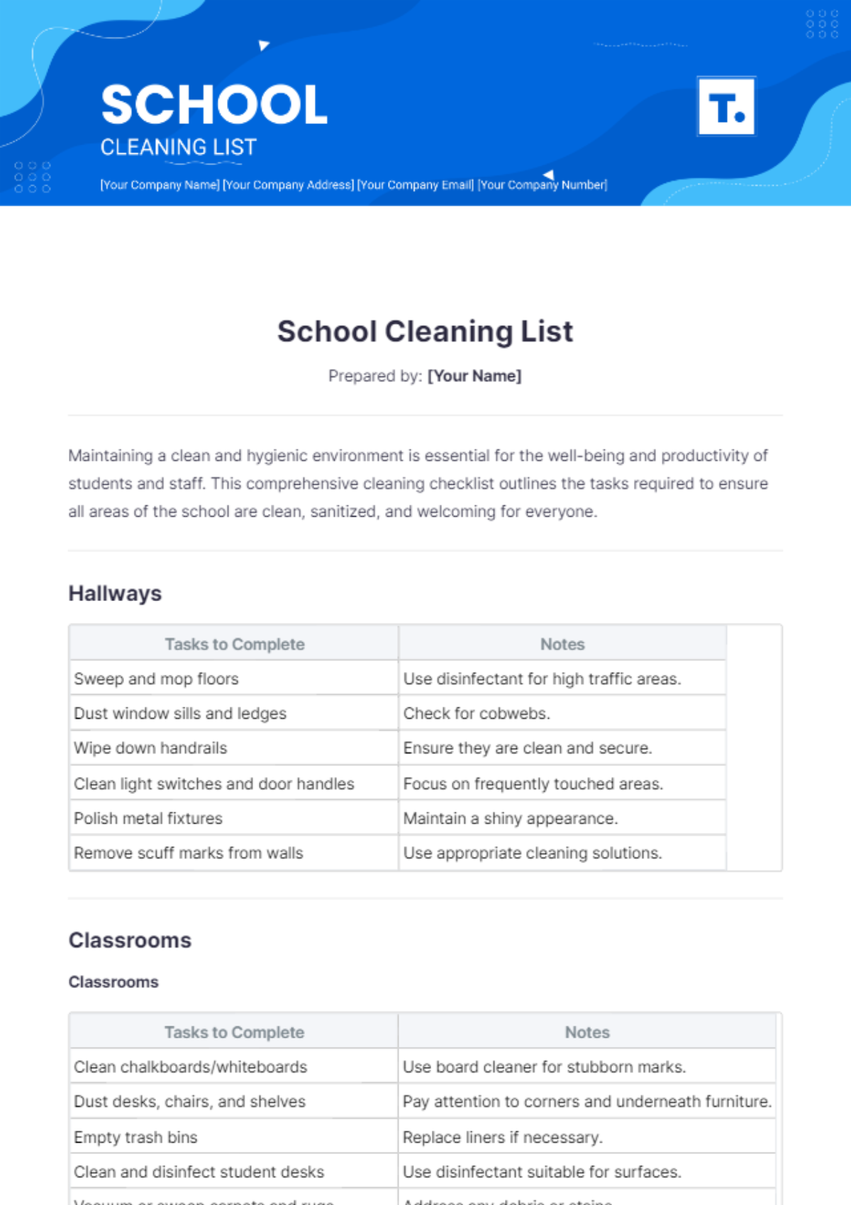 School Cleaning List Template