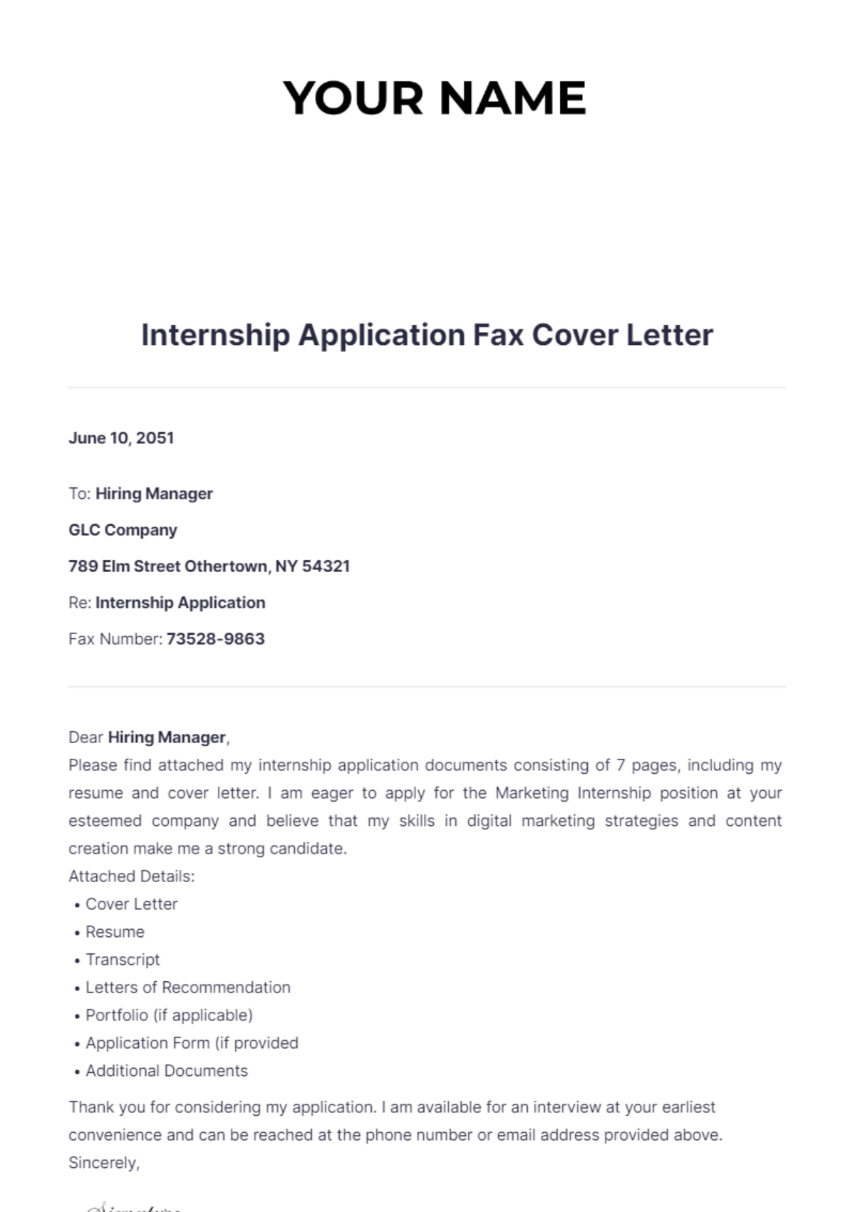 Internship Application Fax Cover Letter - Edit Online & Download