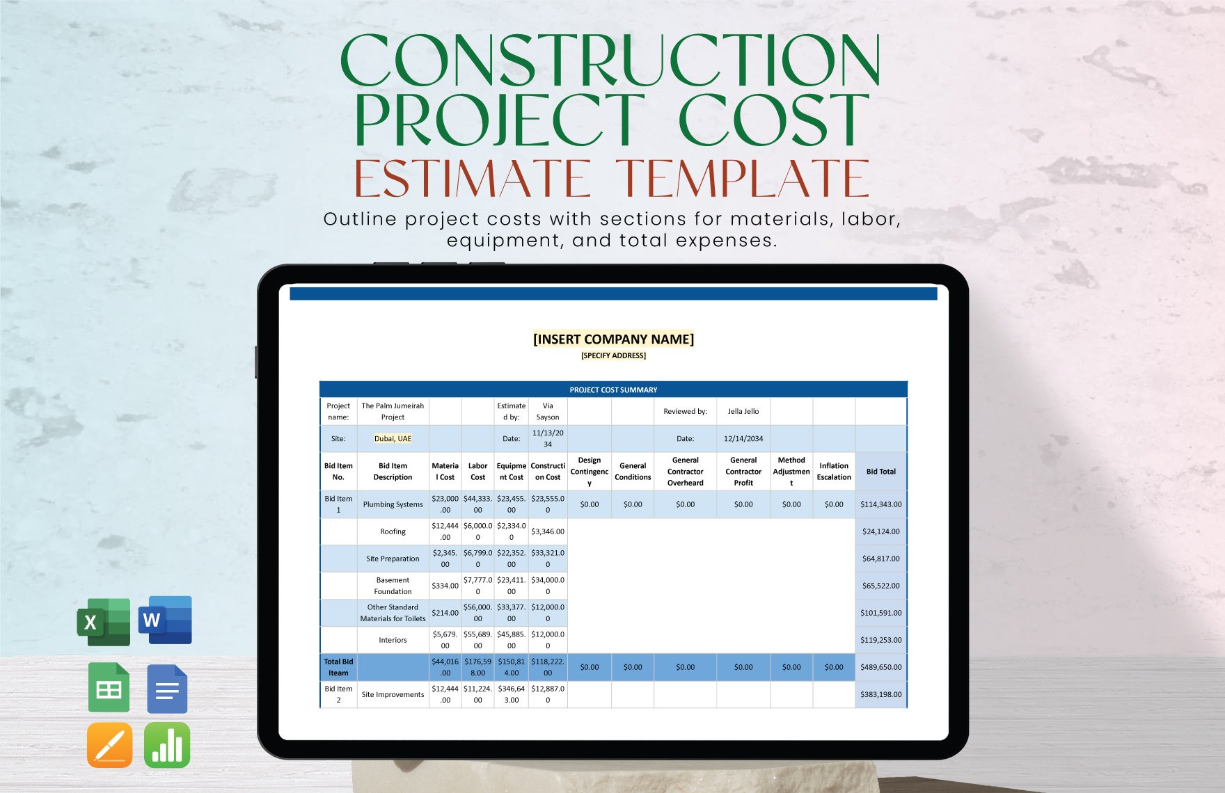 Construction Project Cost Estimate Template in Word, Google Docs, Excel, Google Sheets, Apple Pages, Apple Numbers
