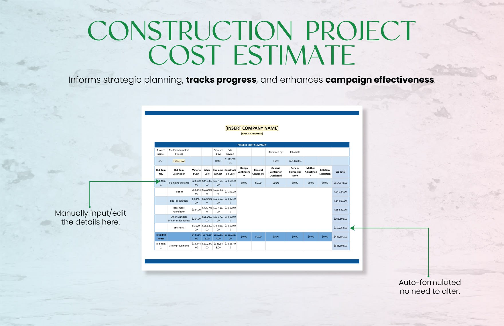 Construction Project Cost Estimate Template