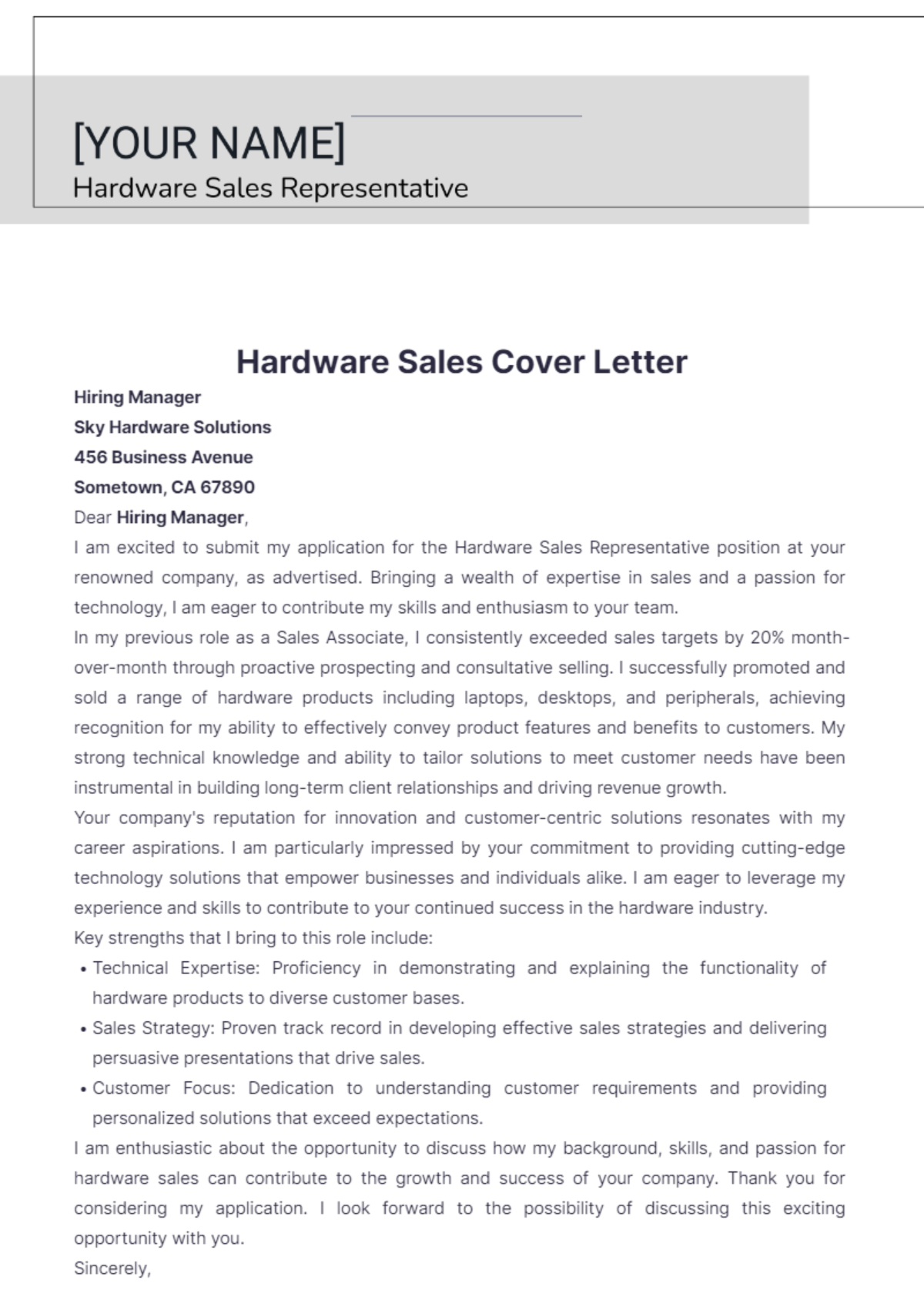 Hardware Sales Cover Letter