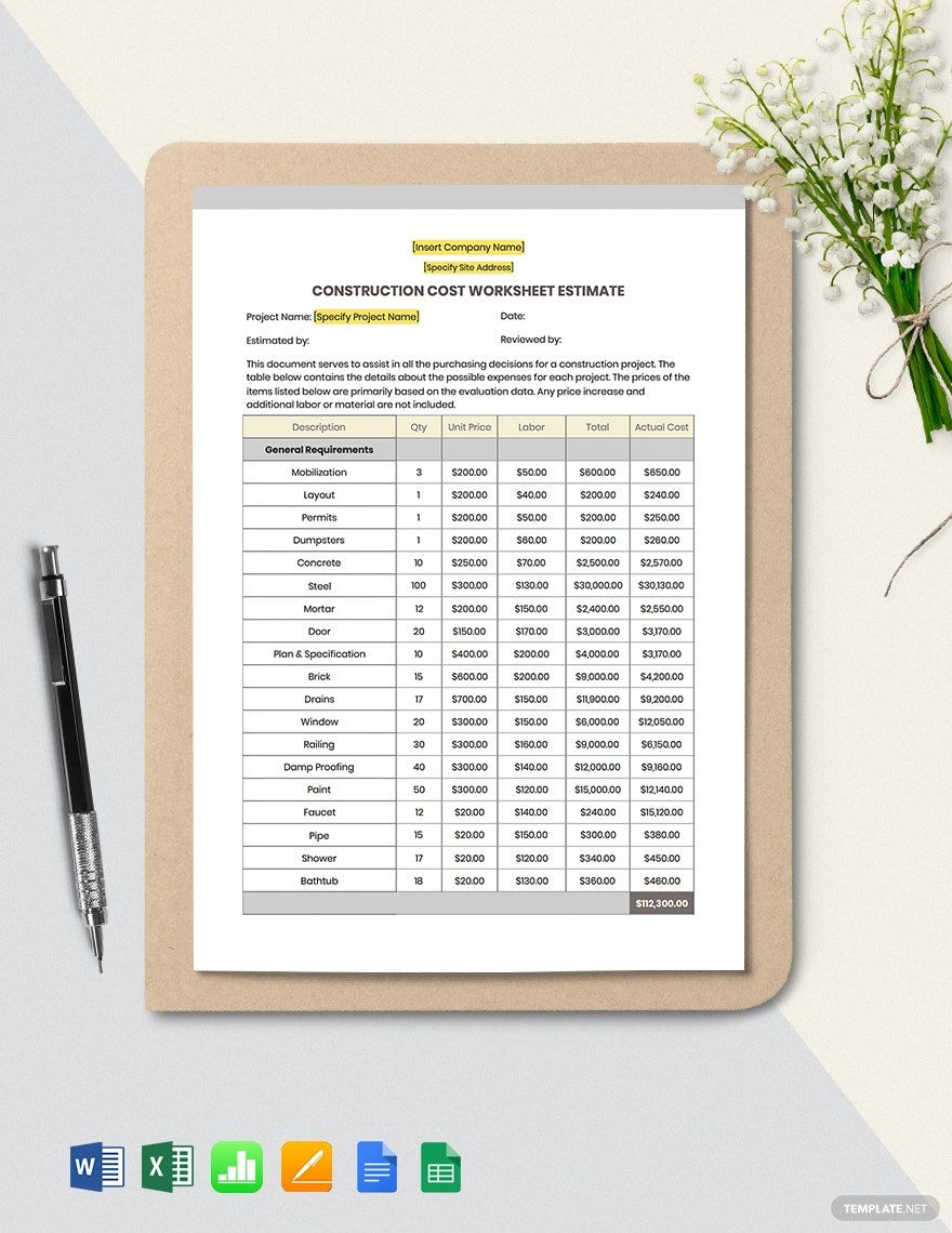 Construction Cost Estimate Worksheet Template in Word, Google Docs, Excel, Google Sheets, Apple Pages, Apple Numbers