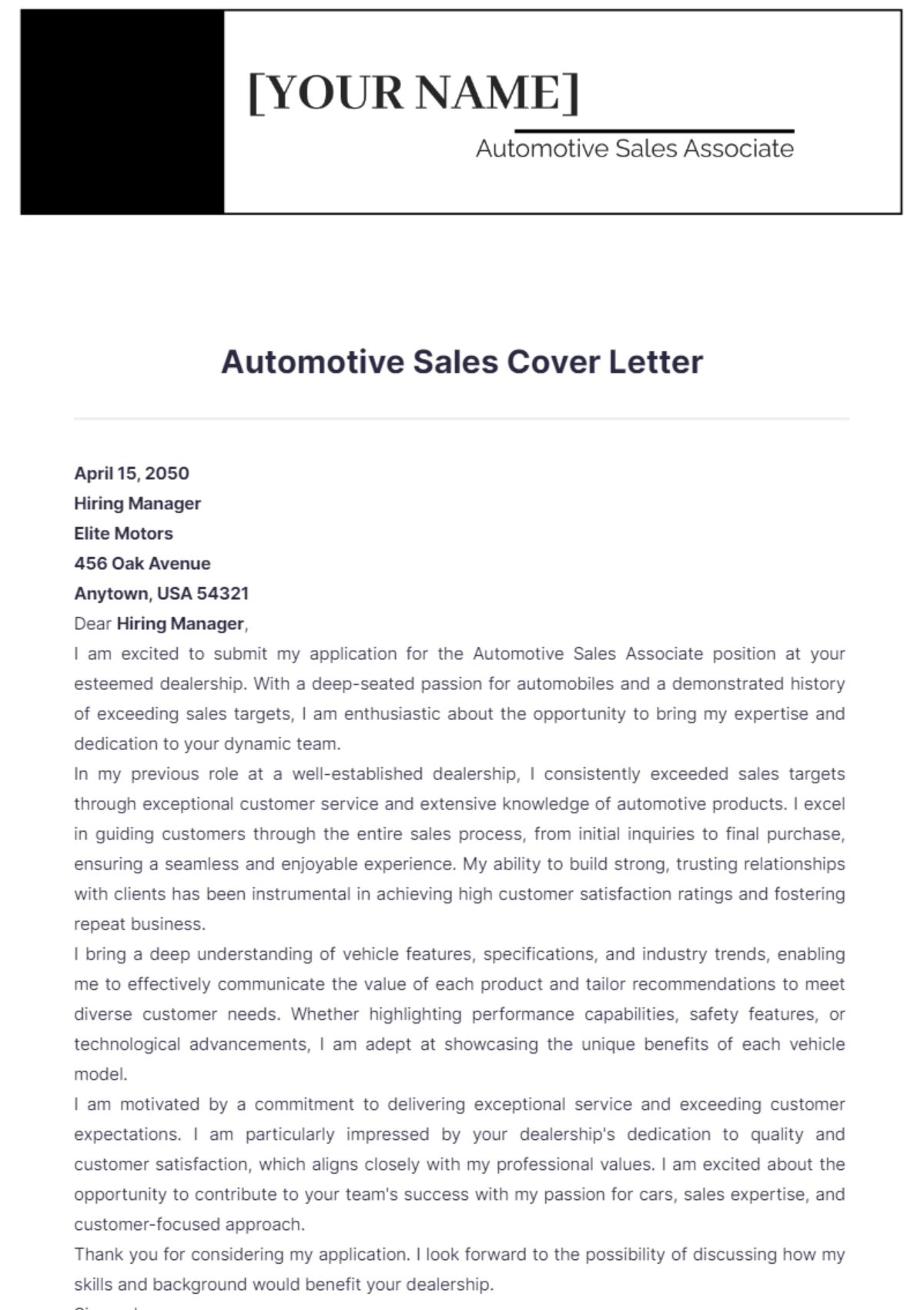 Automotive Sales Cover Letter - Edit Online & Download