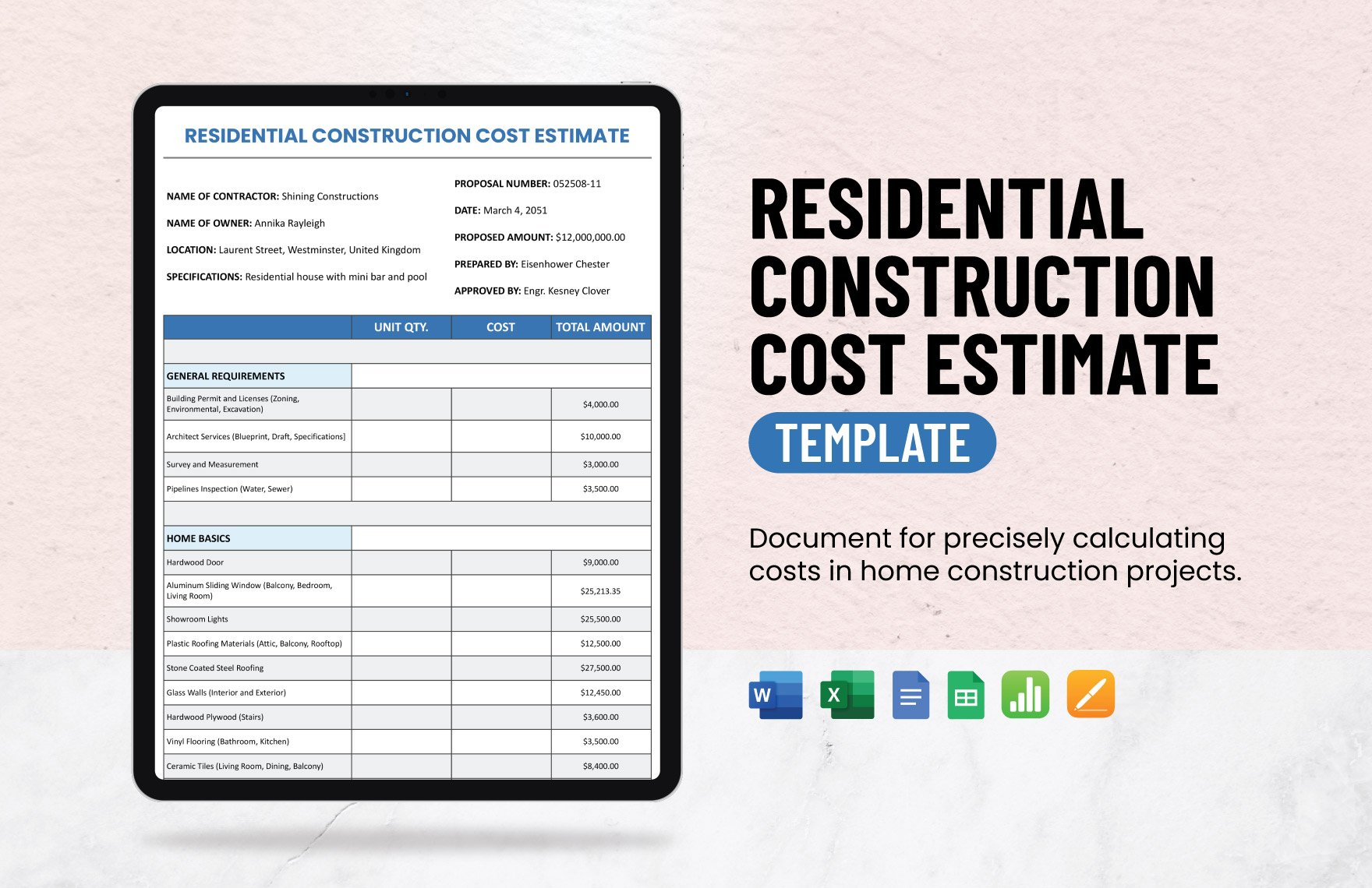 Residential Construction Cost Estimate Template in Word, Google Docs, Excel, Google Sheets, Apple Pages, Apple Numbers