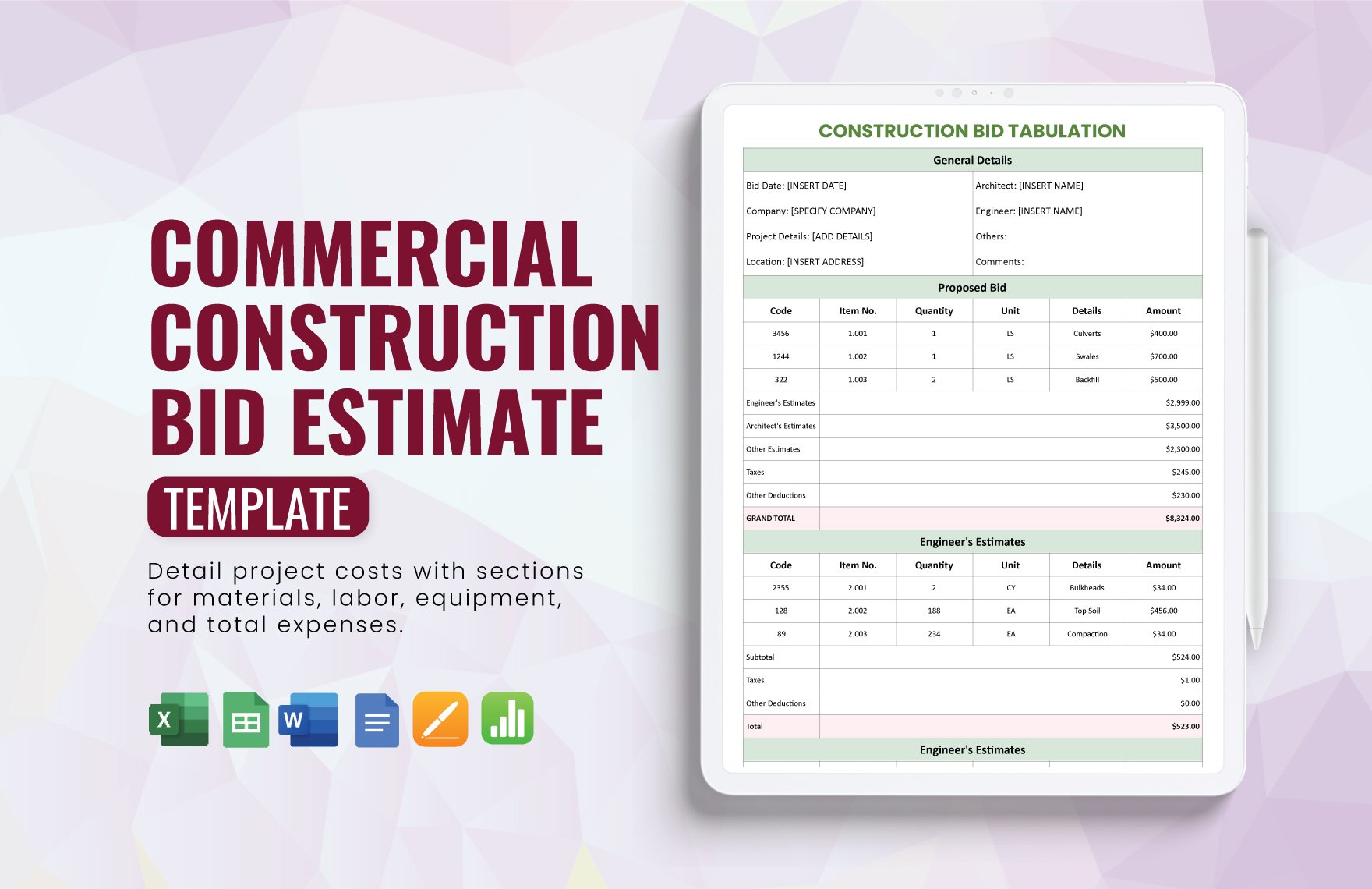 Commercial Construction Bid Estimate Template in Word, Google Docs, Excel, Google Sheets, Apple Pages, Apple Numbers
