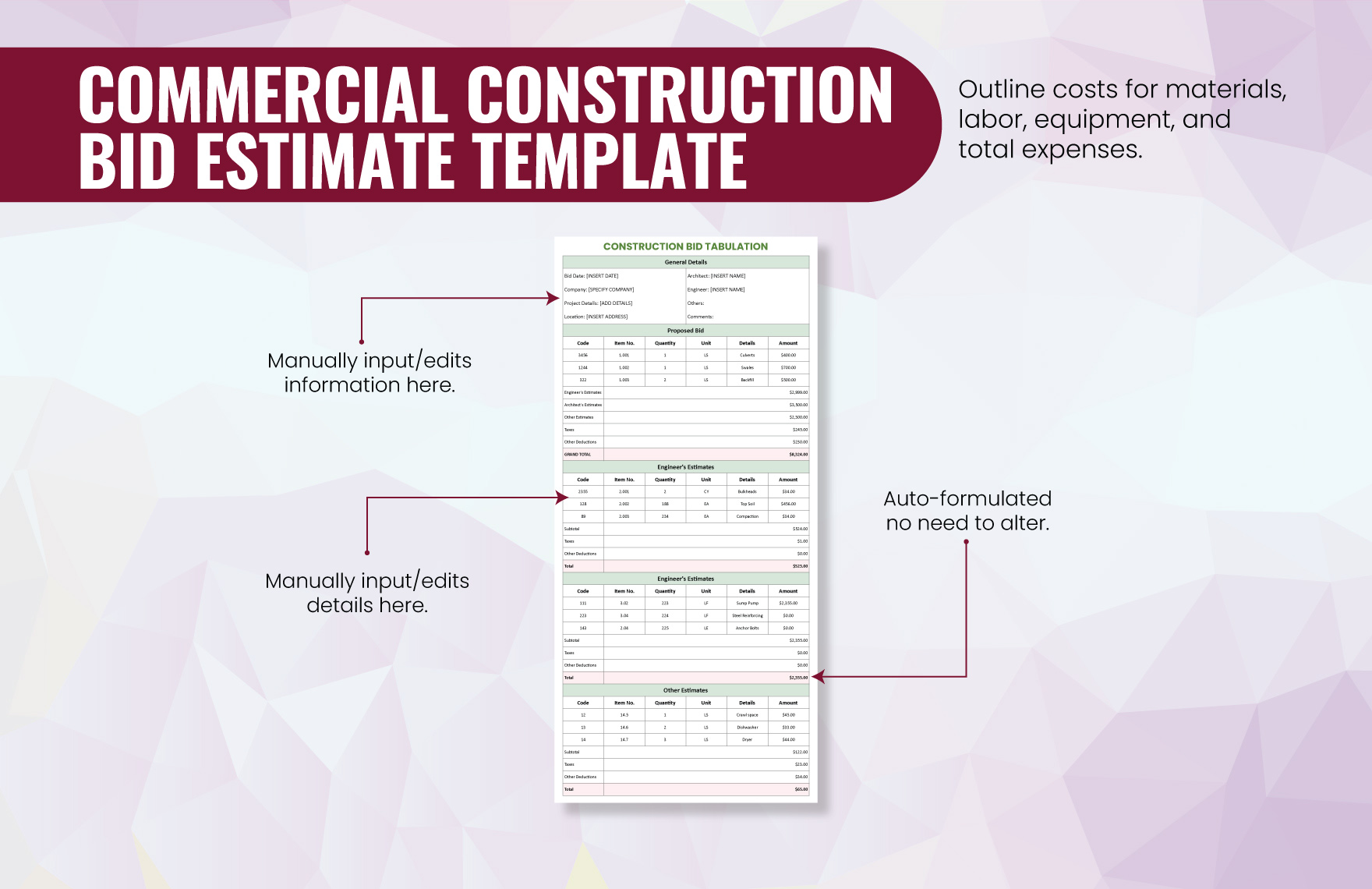 Commercial Construction Bid Estimate Template