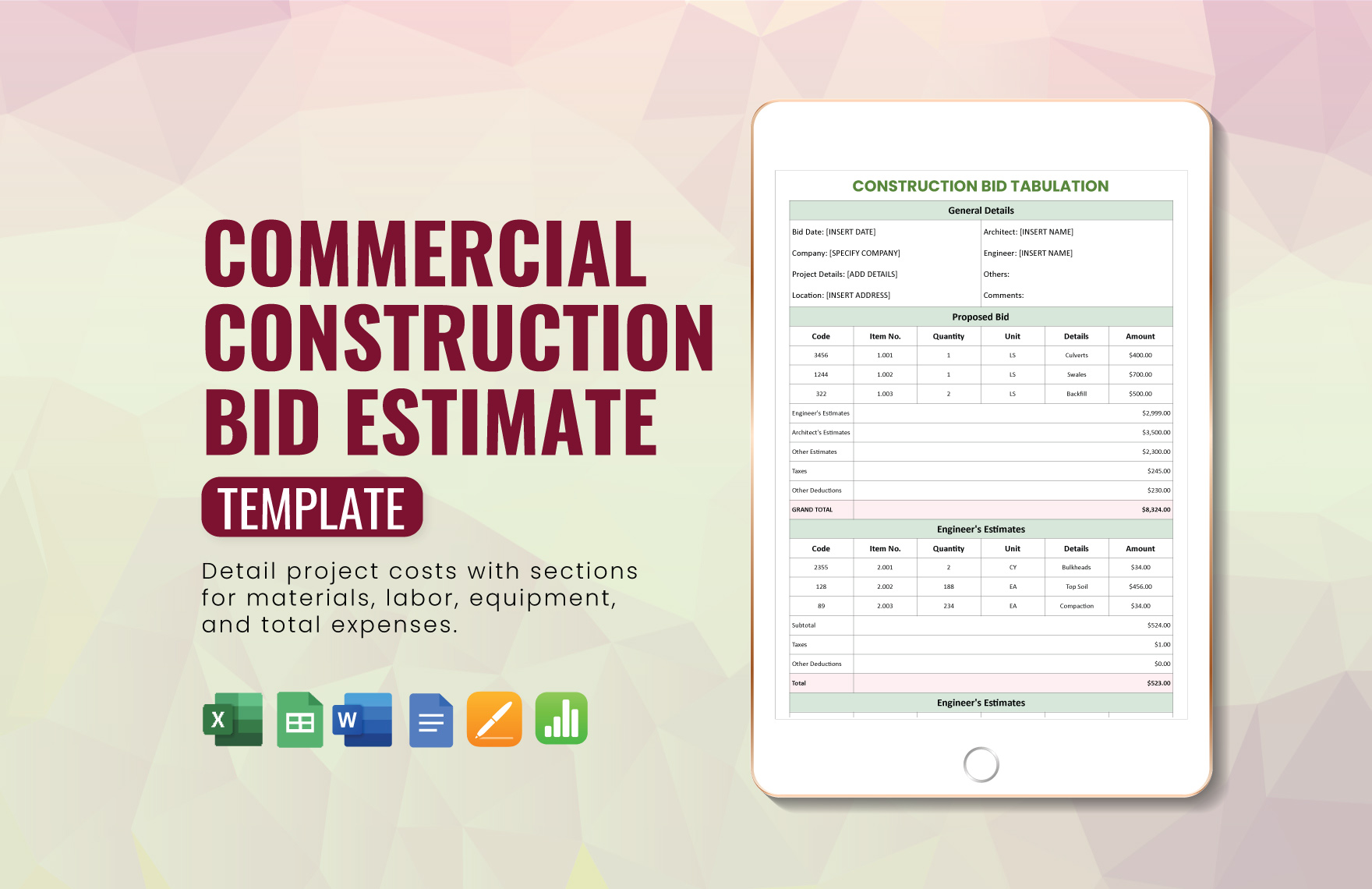 Commercial Construction Bid Estimate Template in Word, Excel, Google Docs, Google Sheets, Apple Pages, Apple Numbers - Download | Template.net