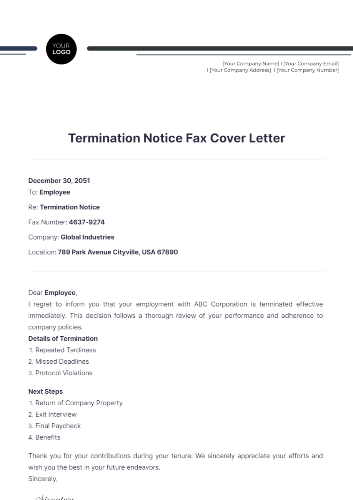 Termination Notice Fax Cover Letter - Edit Online & Download