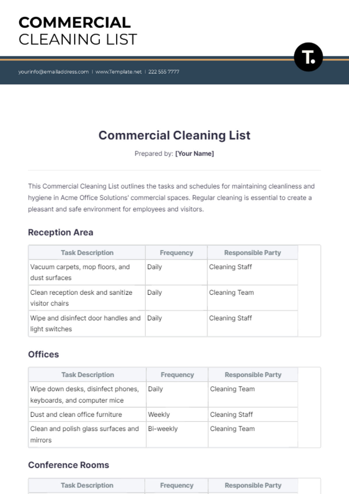 Commercial Cleaning List Template