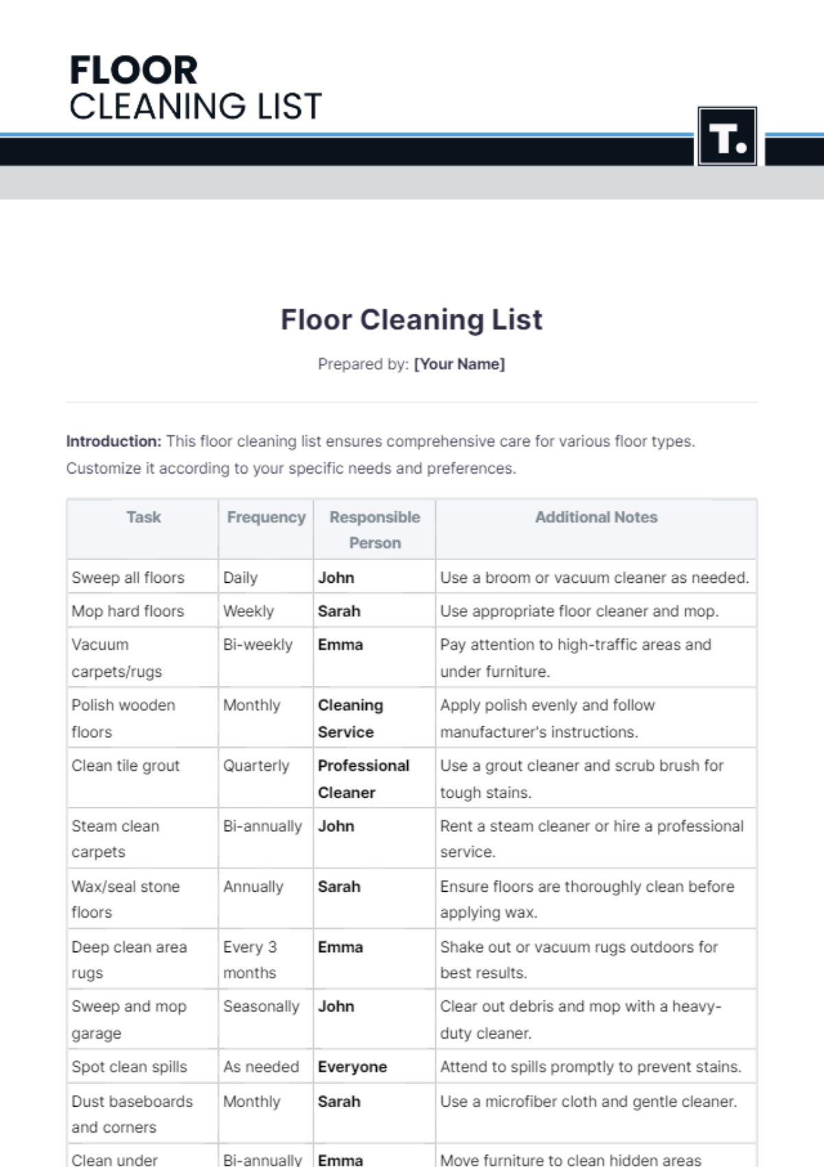 Floor Cleaning List Template