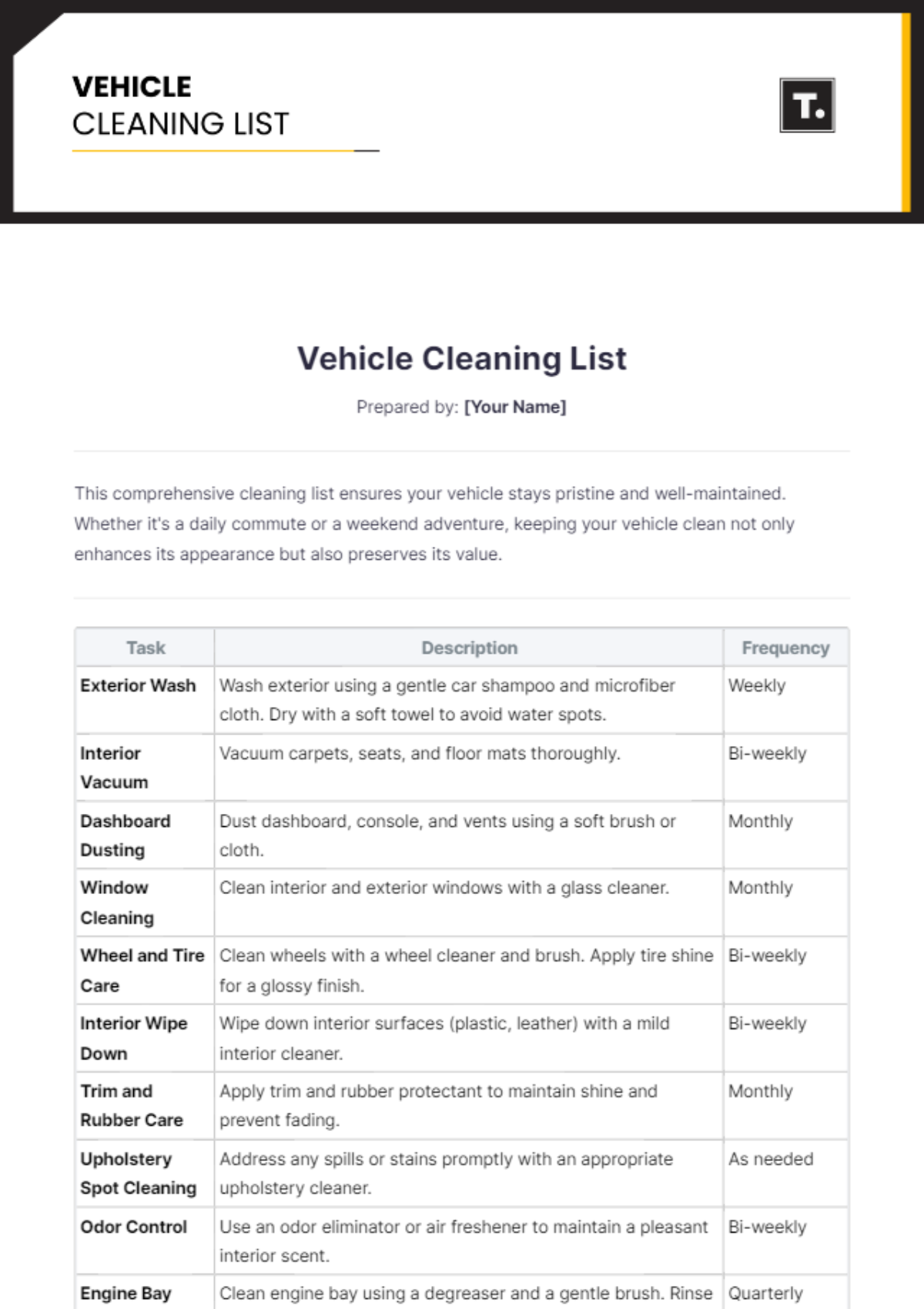 Vehicle Cleaning List Template