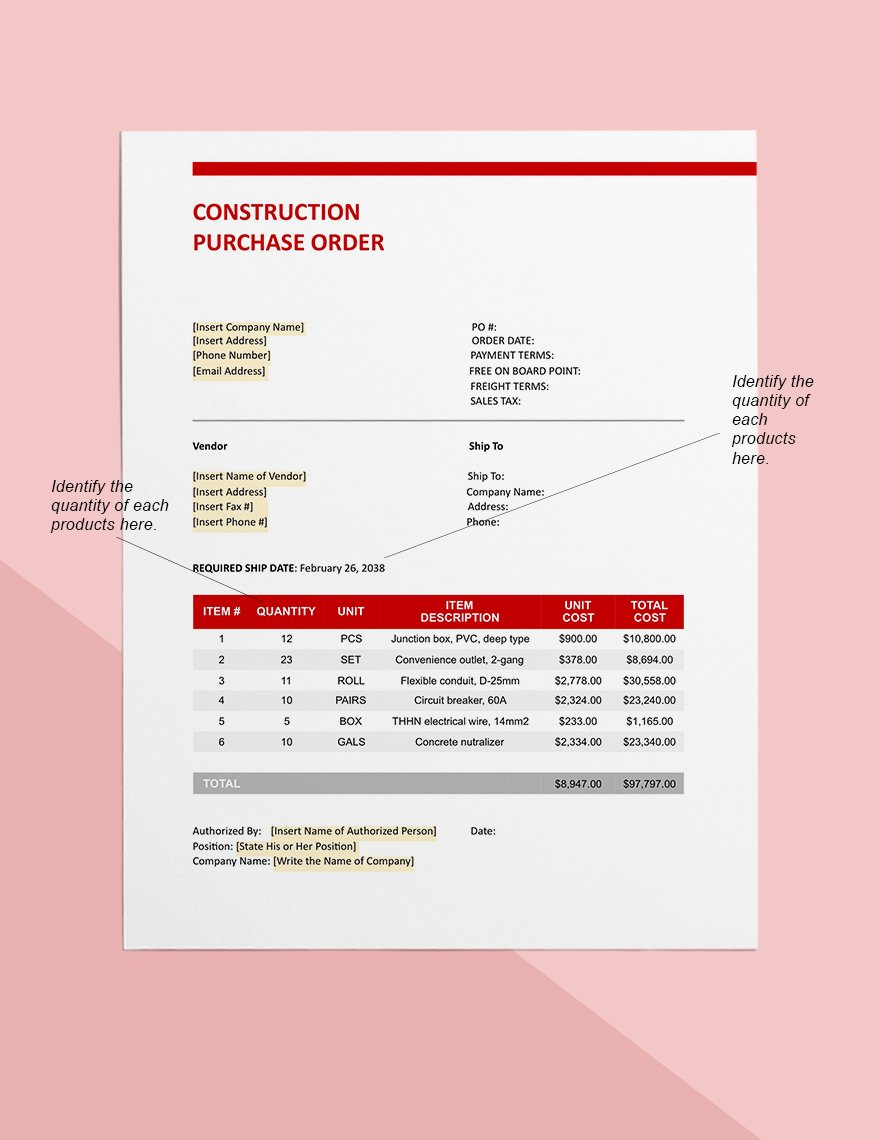 Construction Purchase Order Template Google Docs, Google Sheets