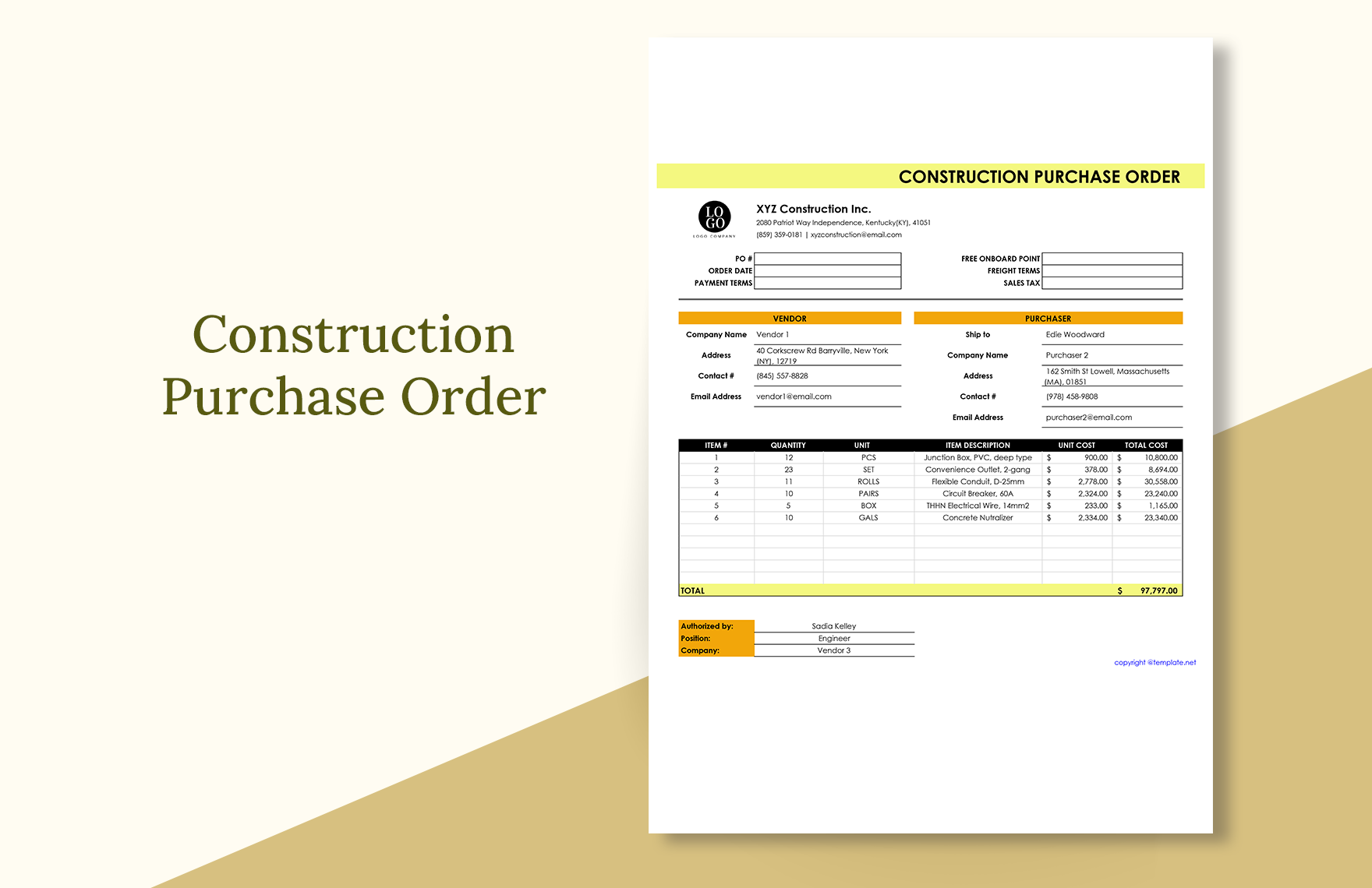 Construction Purchase Order Template 