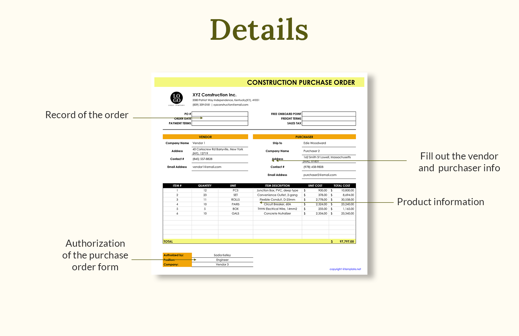 Construction  Purchase Order Template