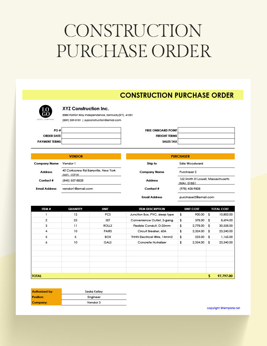 Construction Purchase Order Template 