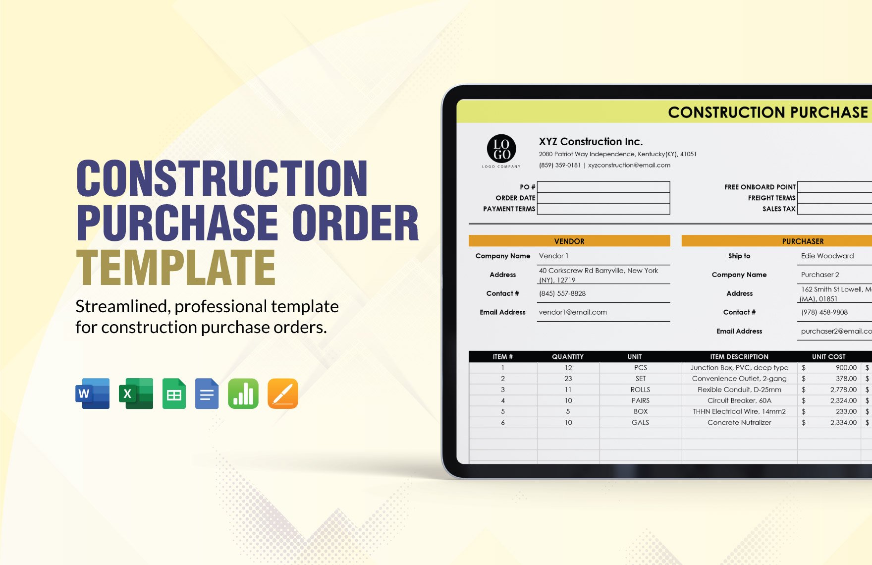 Construction  Purchase Order Template