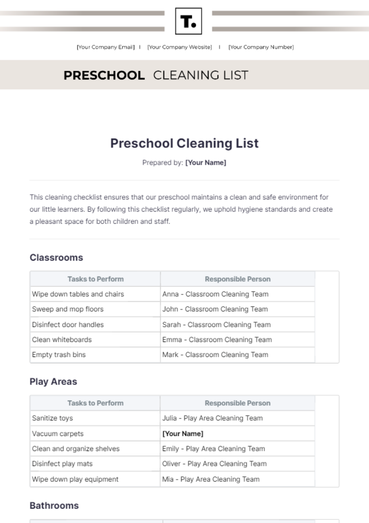 Preschool Cleaning List Template - Edit Online & Download