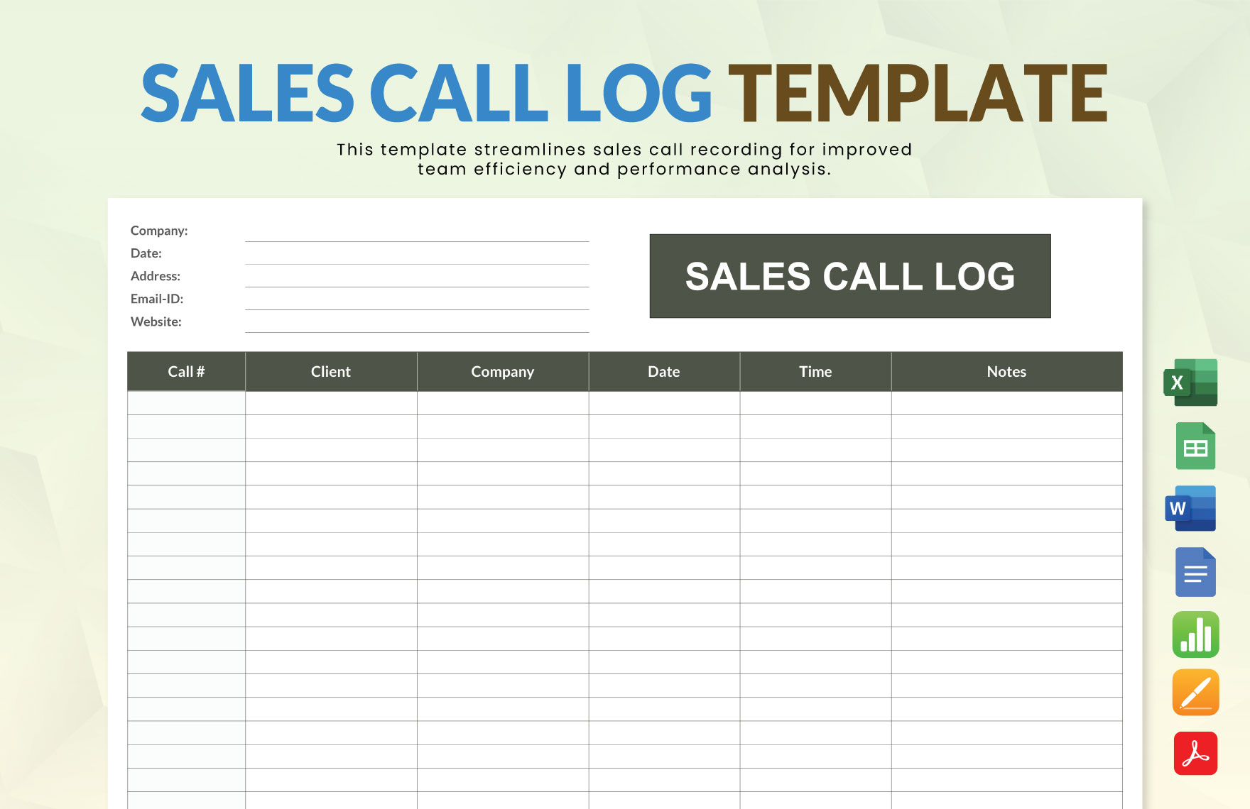 Sales Call Log Template in Apple Numbers, PDF, Word, Pages, Google Docs, Excel, Google Sheets - Download | Template.net