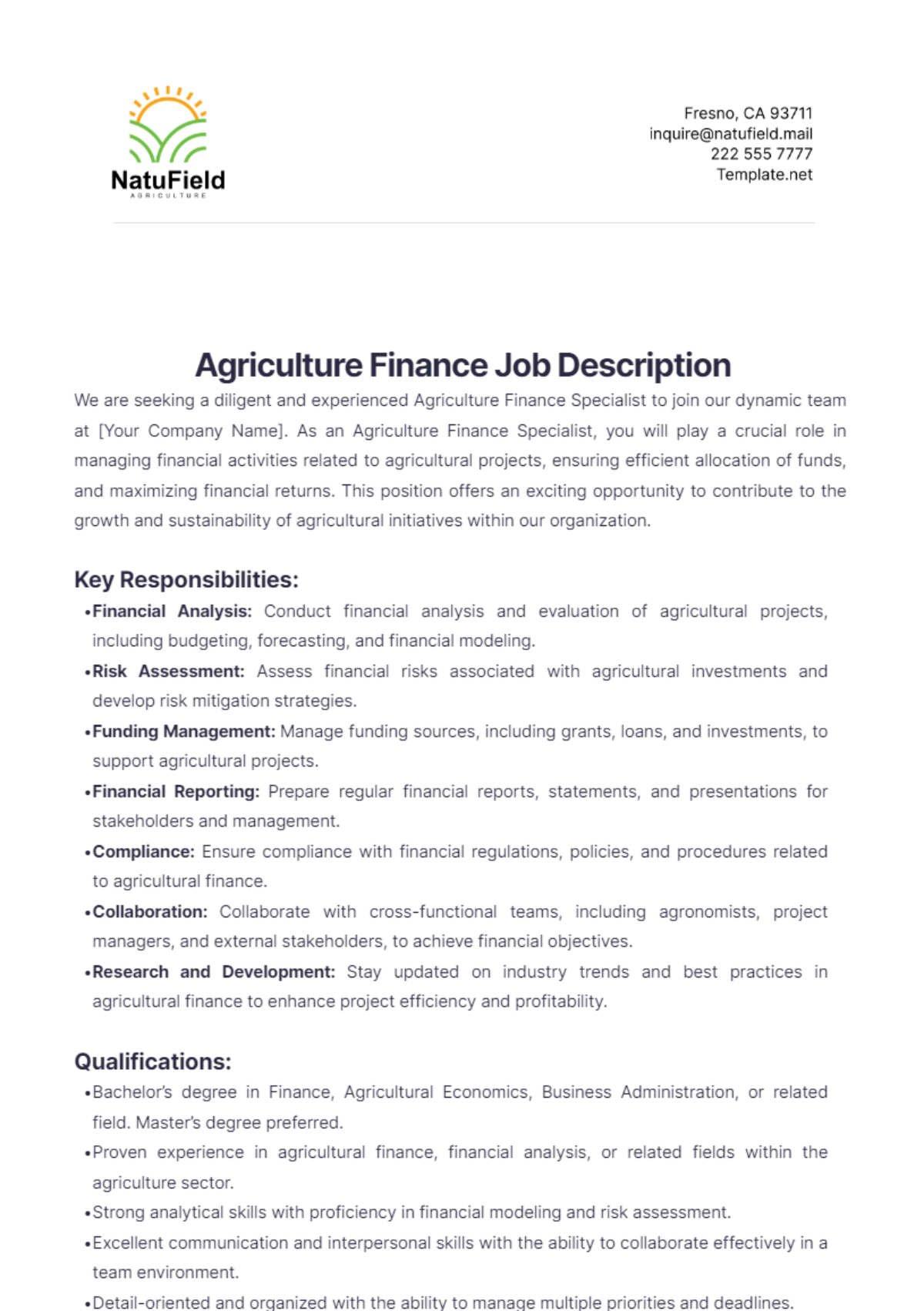 Agriculture Finance Job Description Template - Edit Online & Download