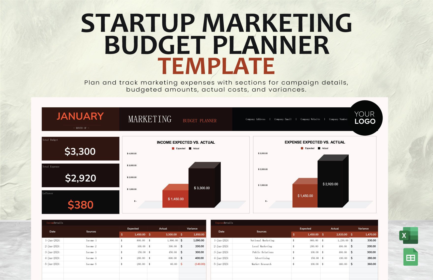 Startup Marketing Budget Planner Template in Excel, Google Sheets