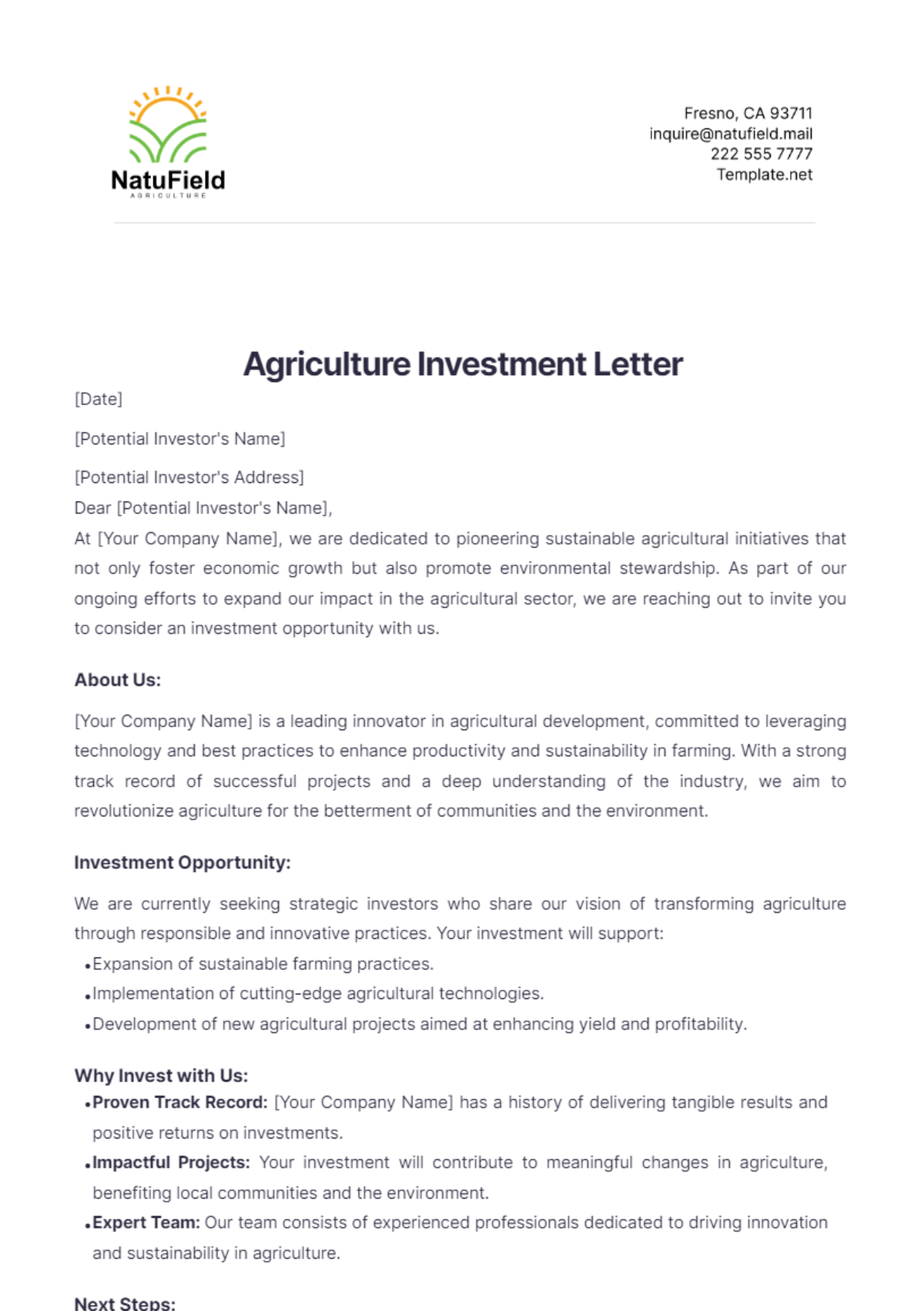 Agriculture Investment Letter Template - Edit Online & Download