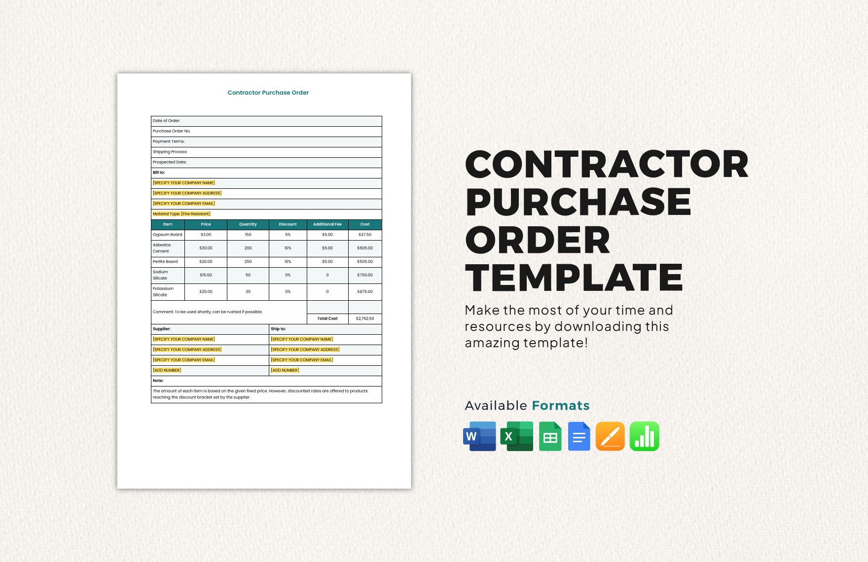 Free Contractor Purchase Order Template in Word, Google Docs, Excel, Google Sheets, Apple Pages, Apple Numbers