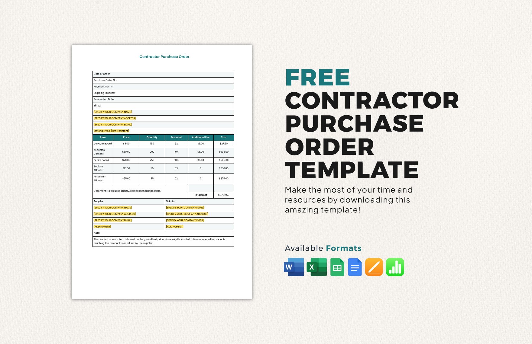Contractor Purchase Order Template in Word, Google Docs, Excel, Google Sheets, Apple Pages, Apple Numbers