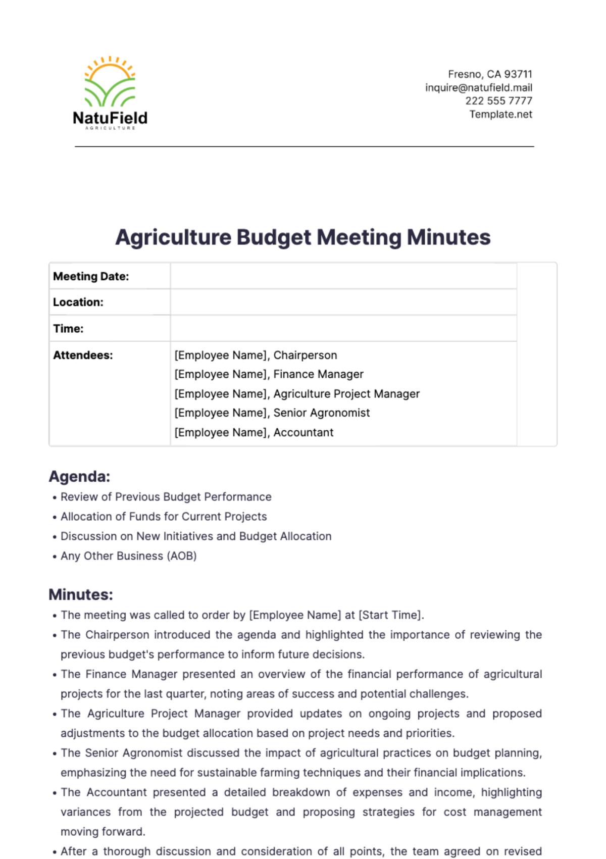 Agriculture Budget Meeting Minutes Template