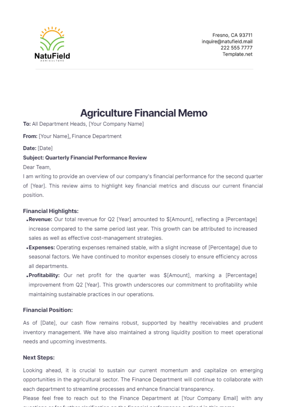 Agriculture Financial Memo Template - Edit Online & Download