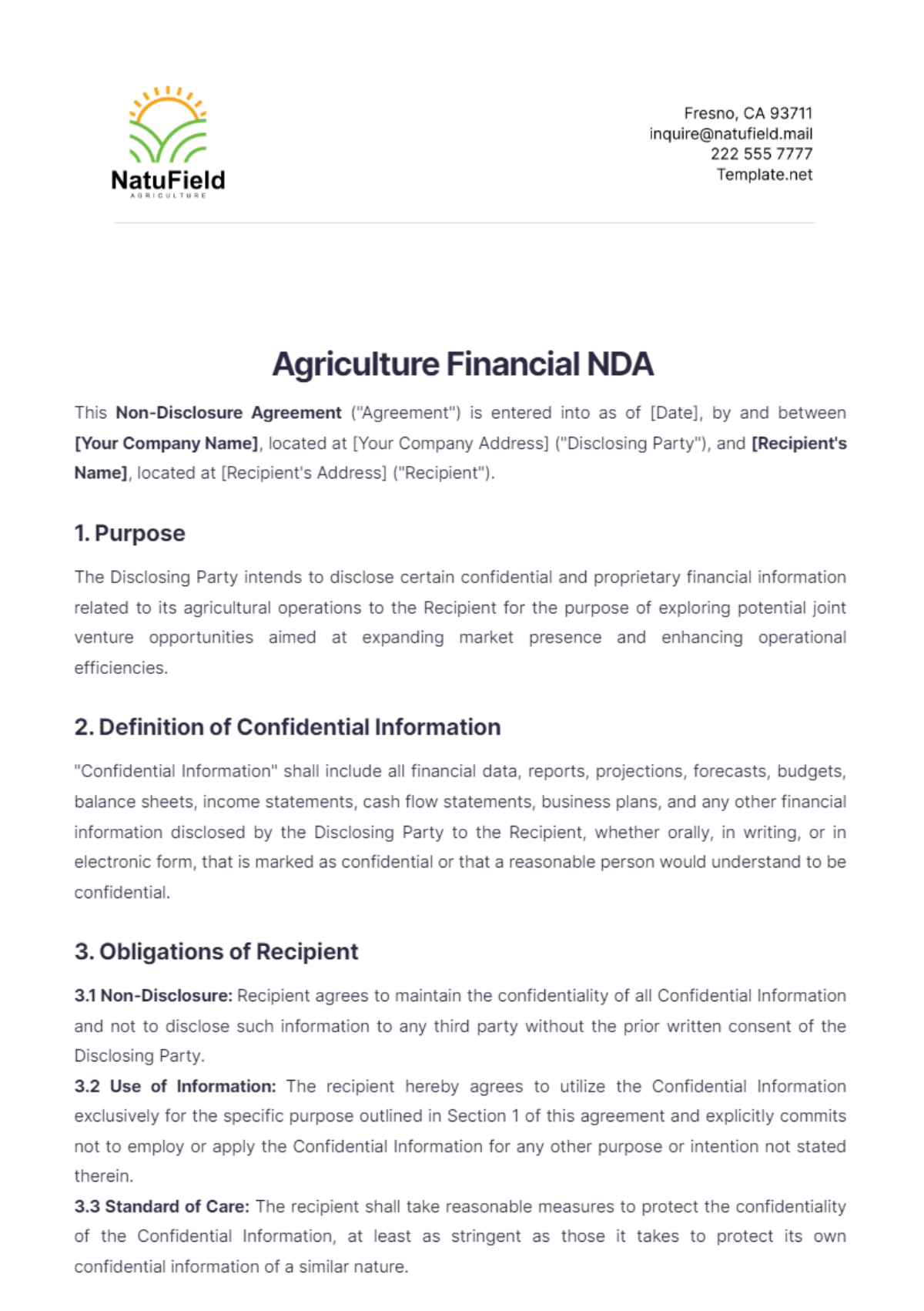 Agriculture Financial NDA Template