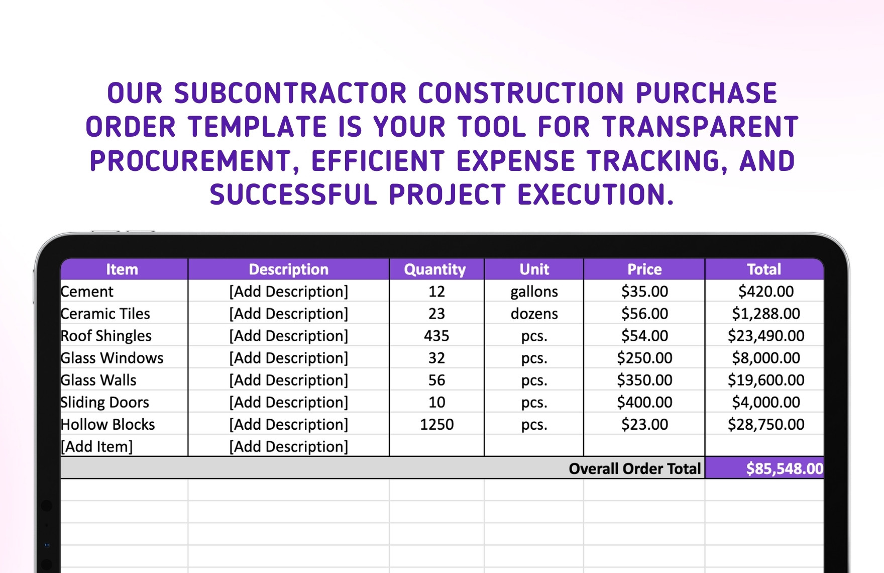 Subcontractor Construction Purchase Order Template