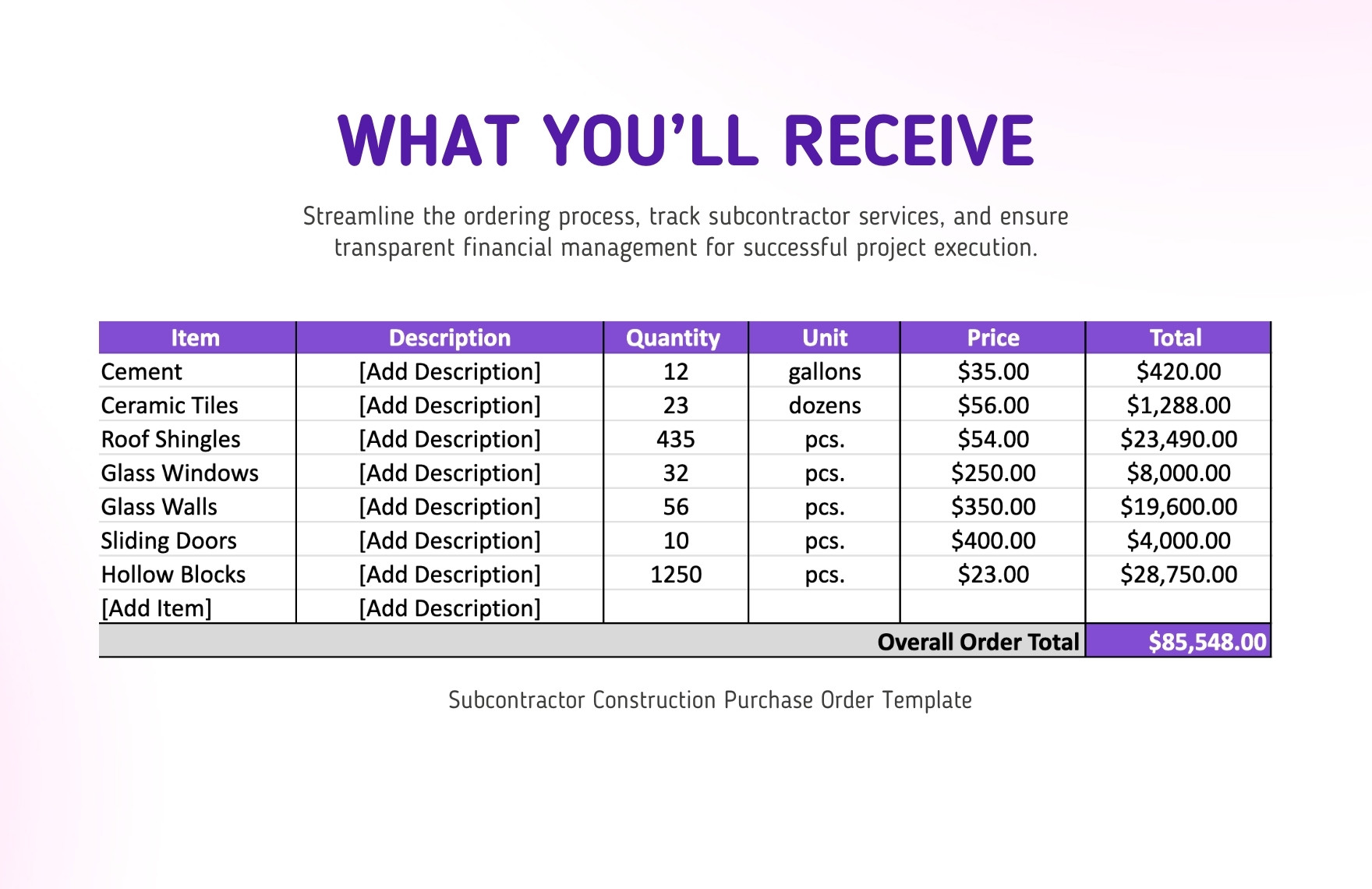 Subcontractor Construction Purchase Order Template