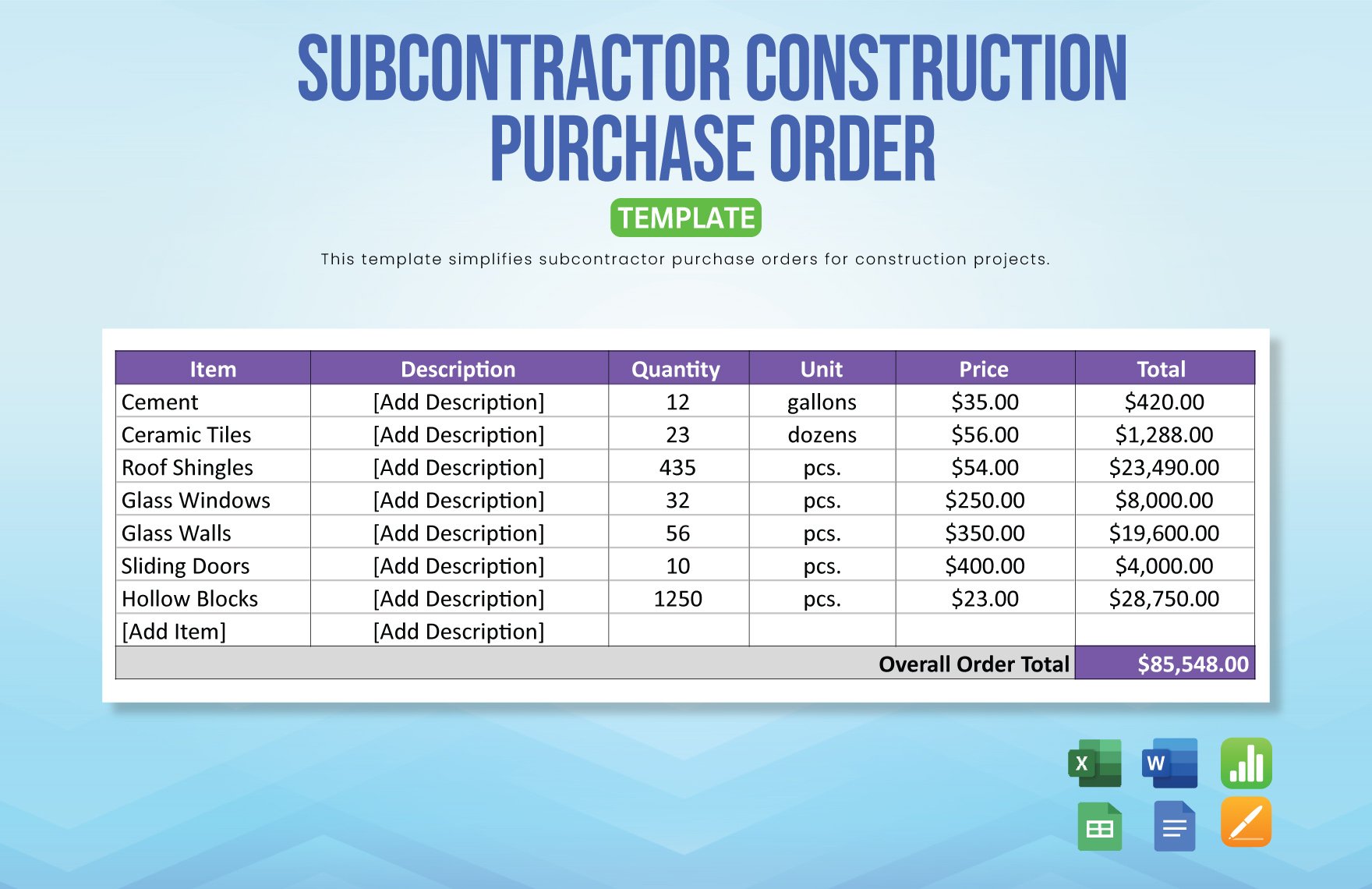 Subcontractor Construction Purchase Order Template in Word, Google Docs, Excel, Google Sheets, Apple Pages, Apple Numbers