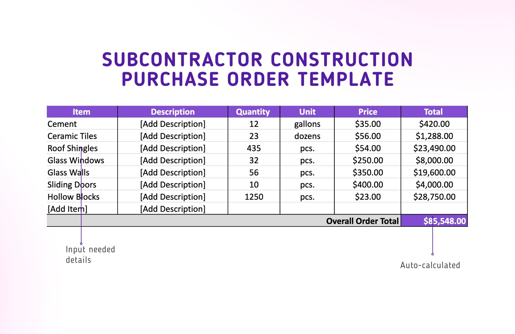 Subcontractor Construction Purchase Order Template