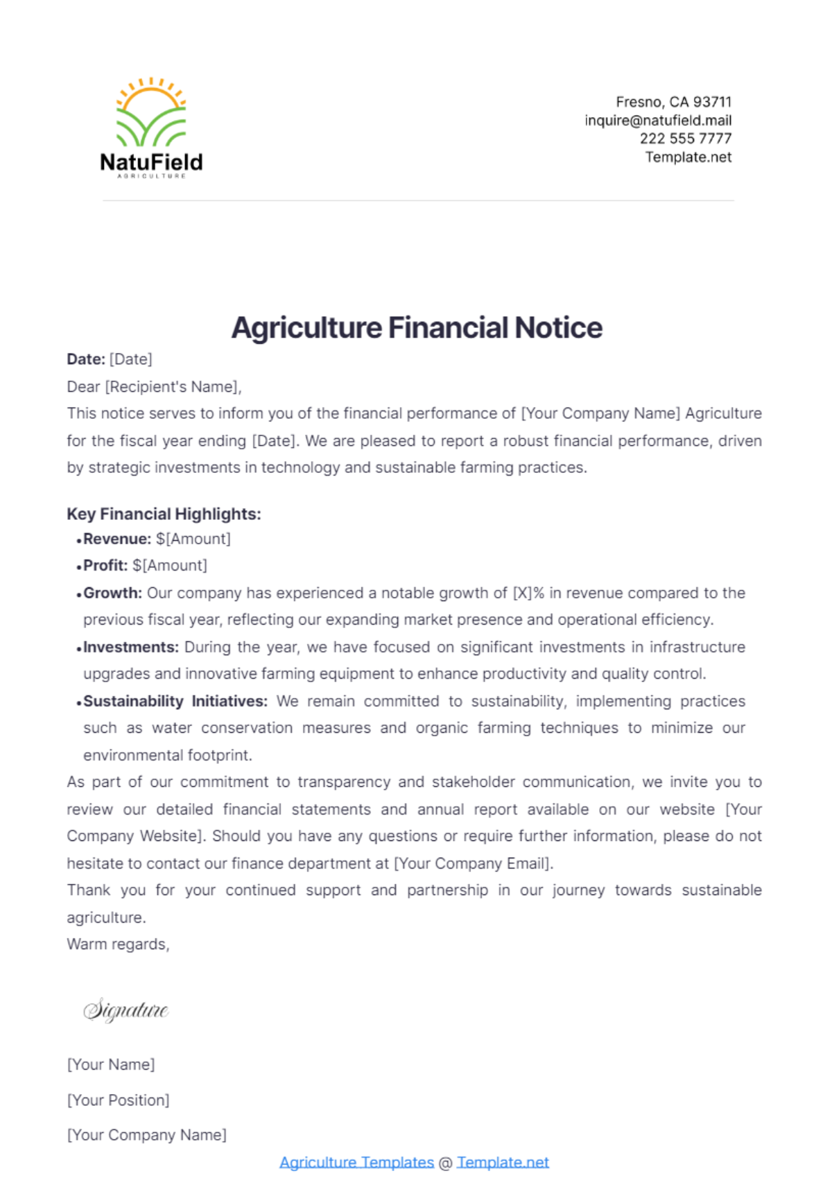 Agriculture Financial Notice Template