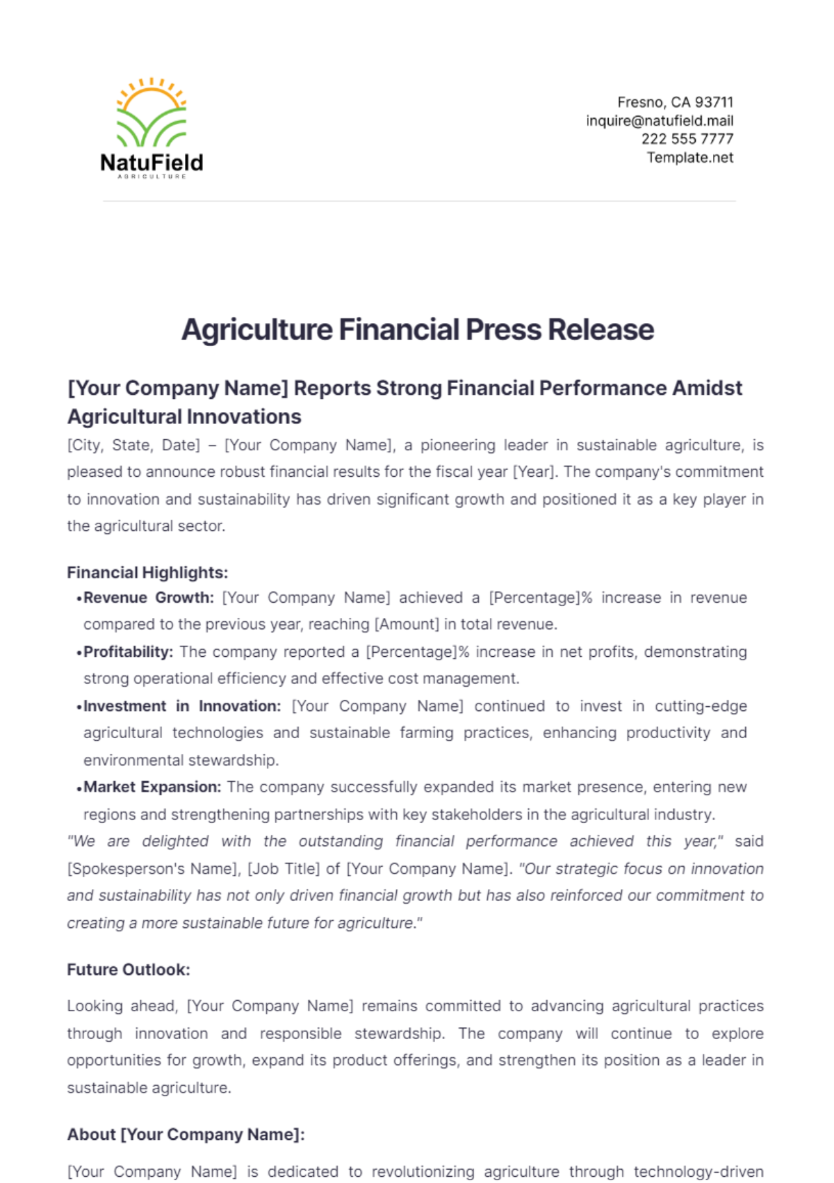 Agriculture Financial Press Release Template - Edit Online & Download