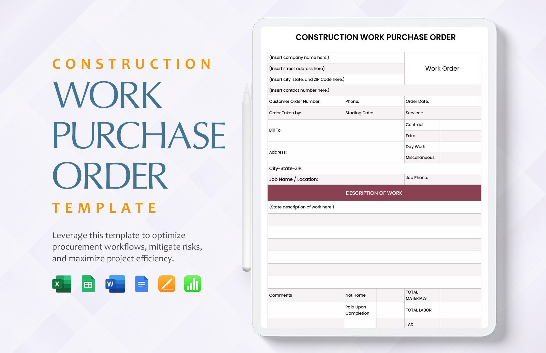 Free Construction Work Purchase Order Template in Word, Google Docs, Excel, Google Sheets, Apple Pages, Apple Numbers