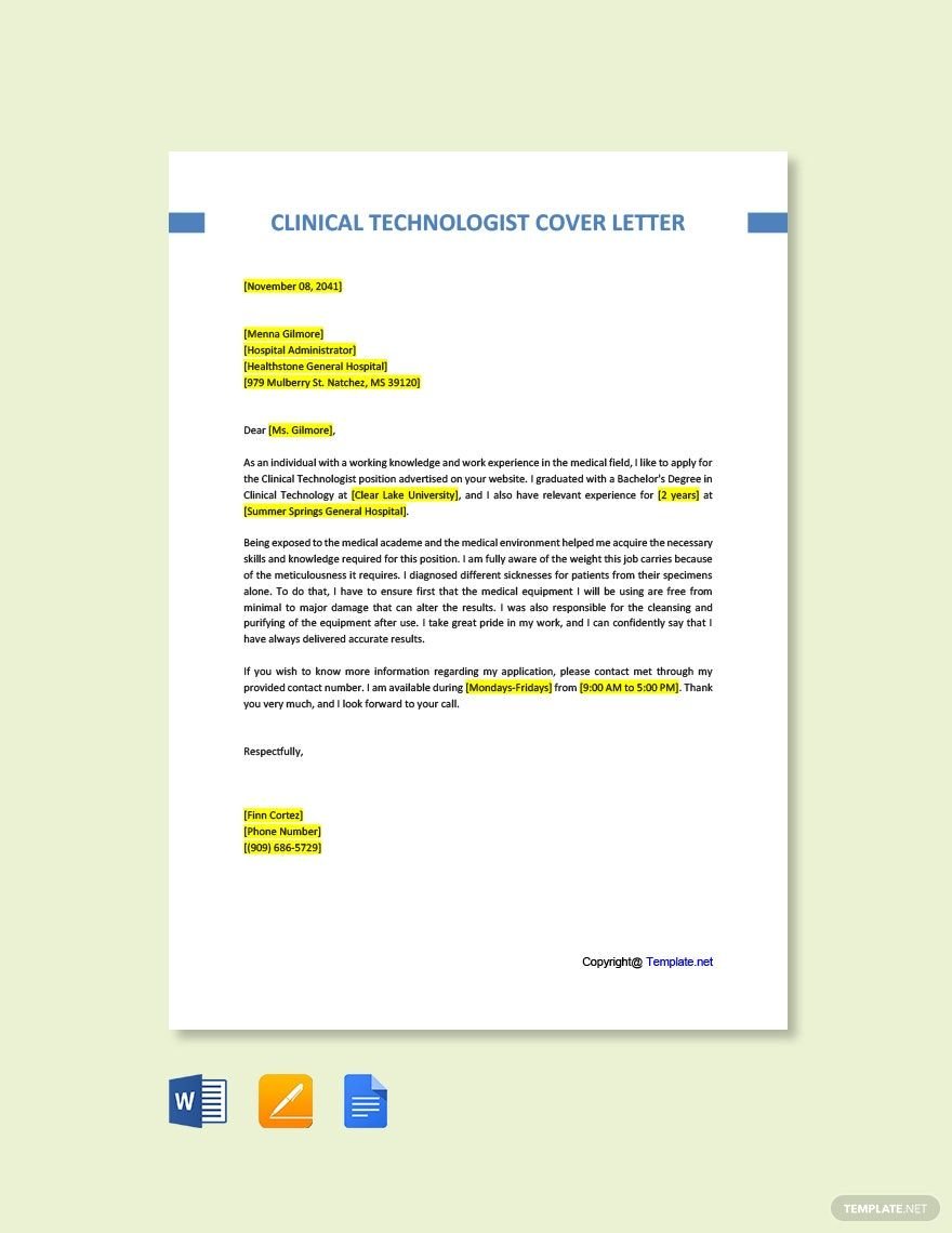 Free Clinical Technologist Cover Letter Template