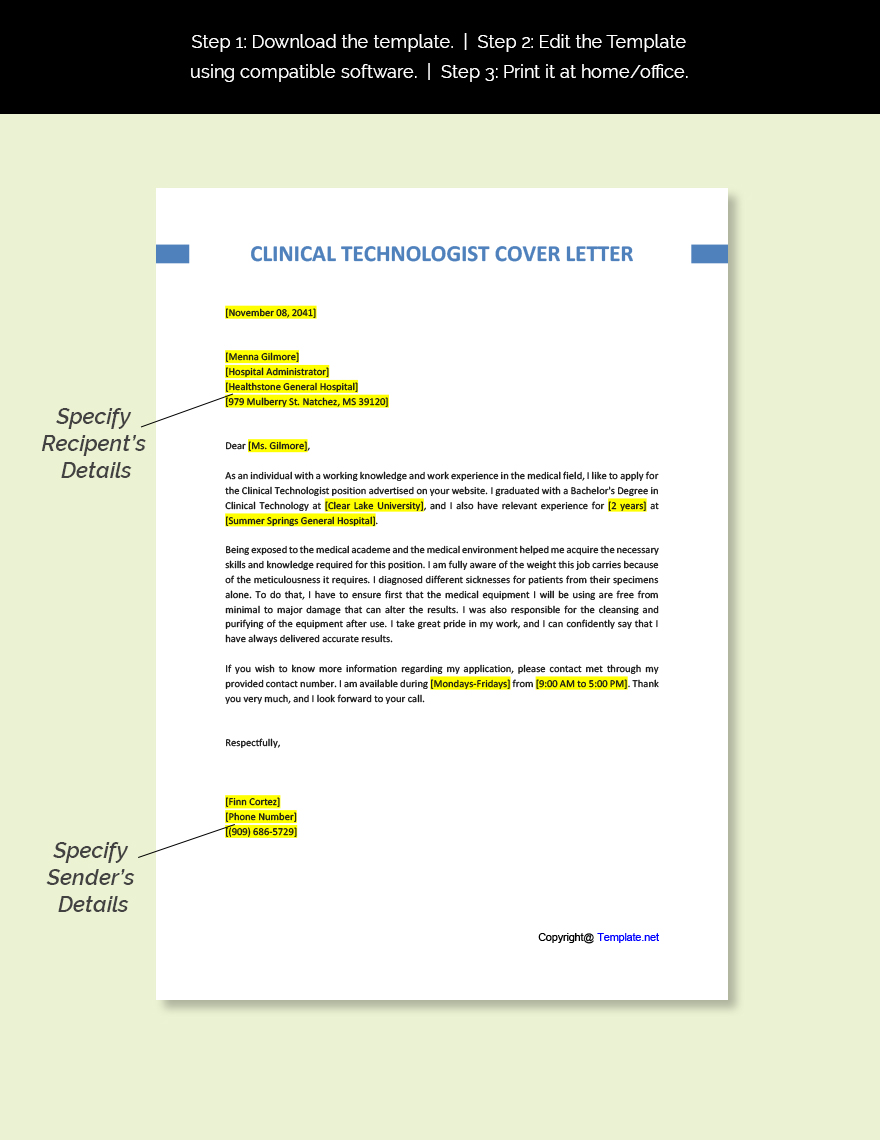 Clinical Technologist Cover Letter Template