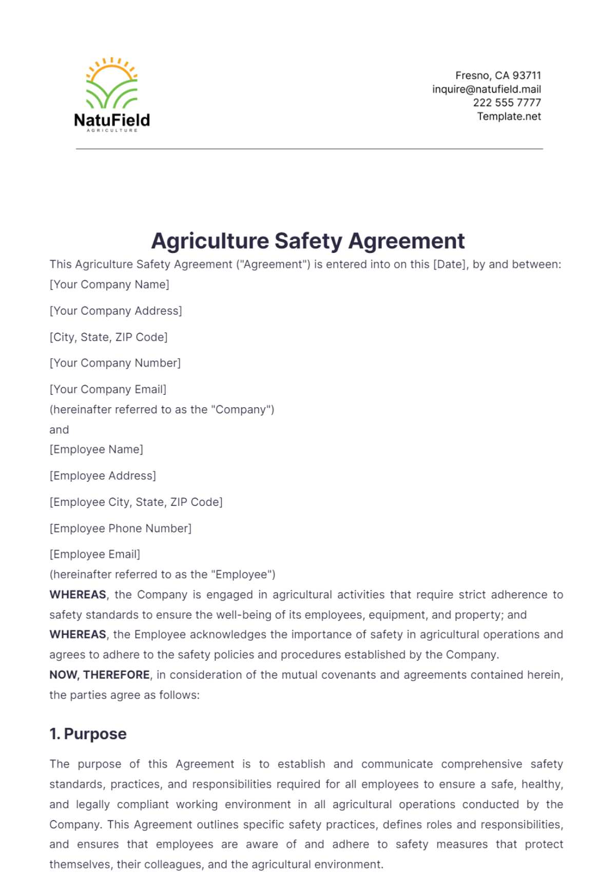 Agriculture Safety Agreement Template