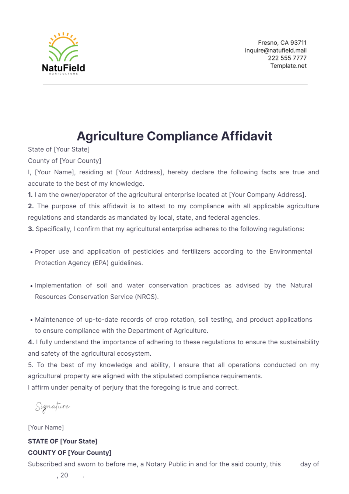 Agriculture Compliance Affidavit Template - Edit Online & Download