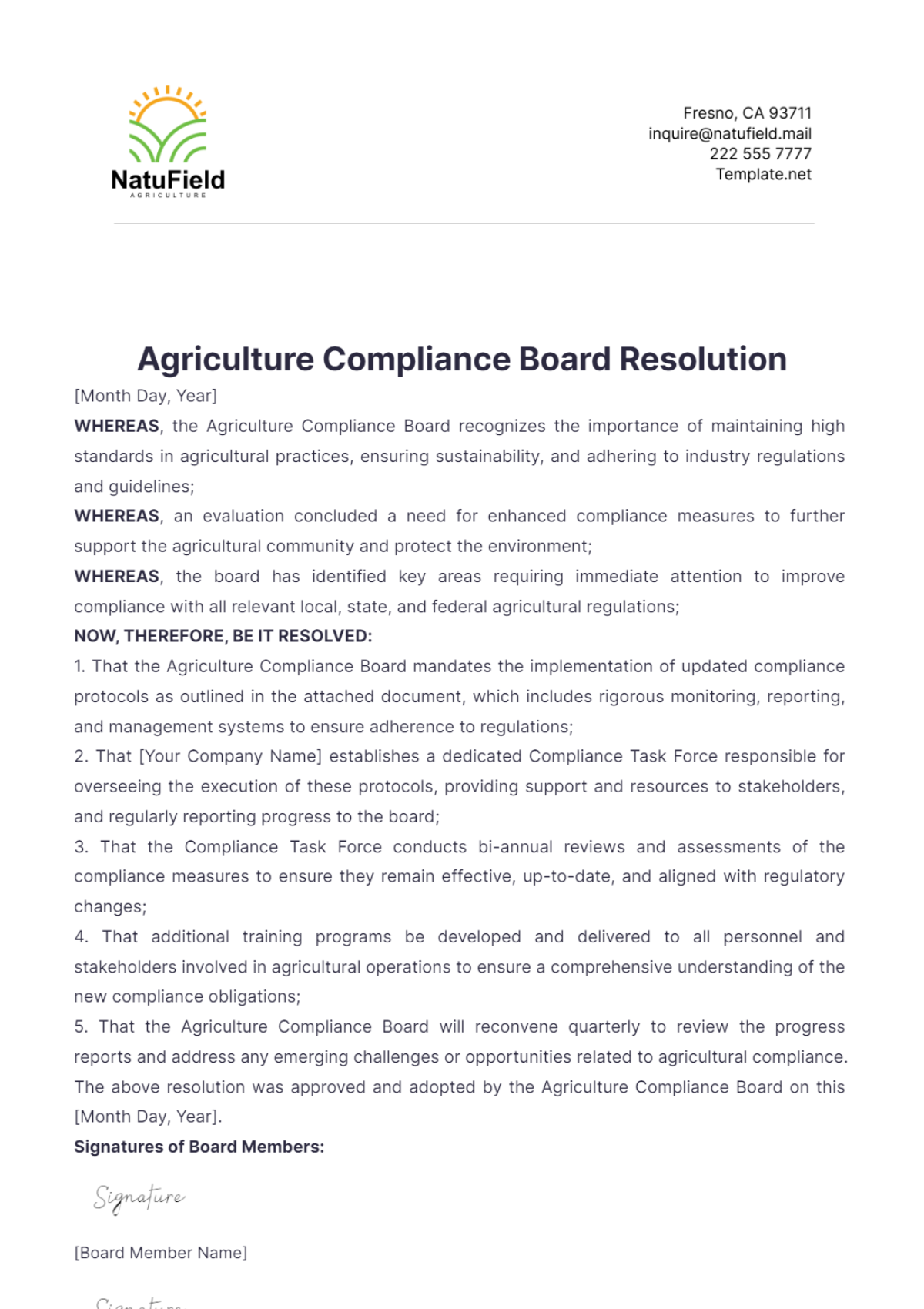 Agriculture Compliance Board Resolution Template - Edit Online & Download