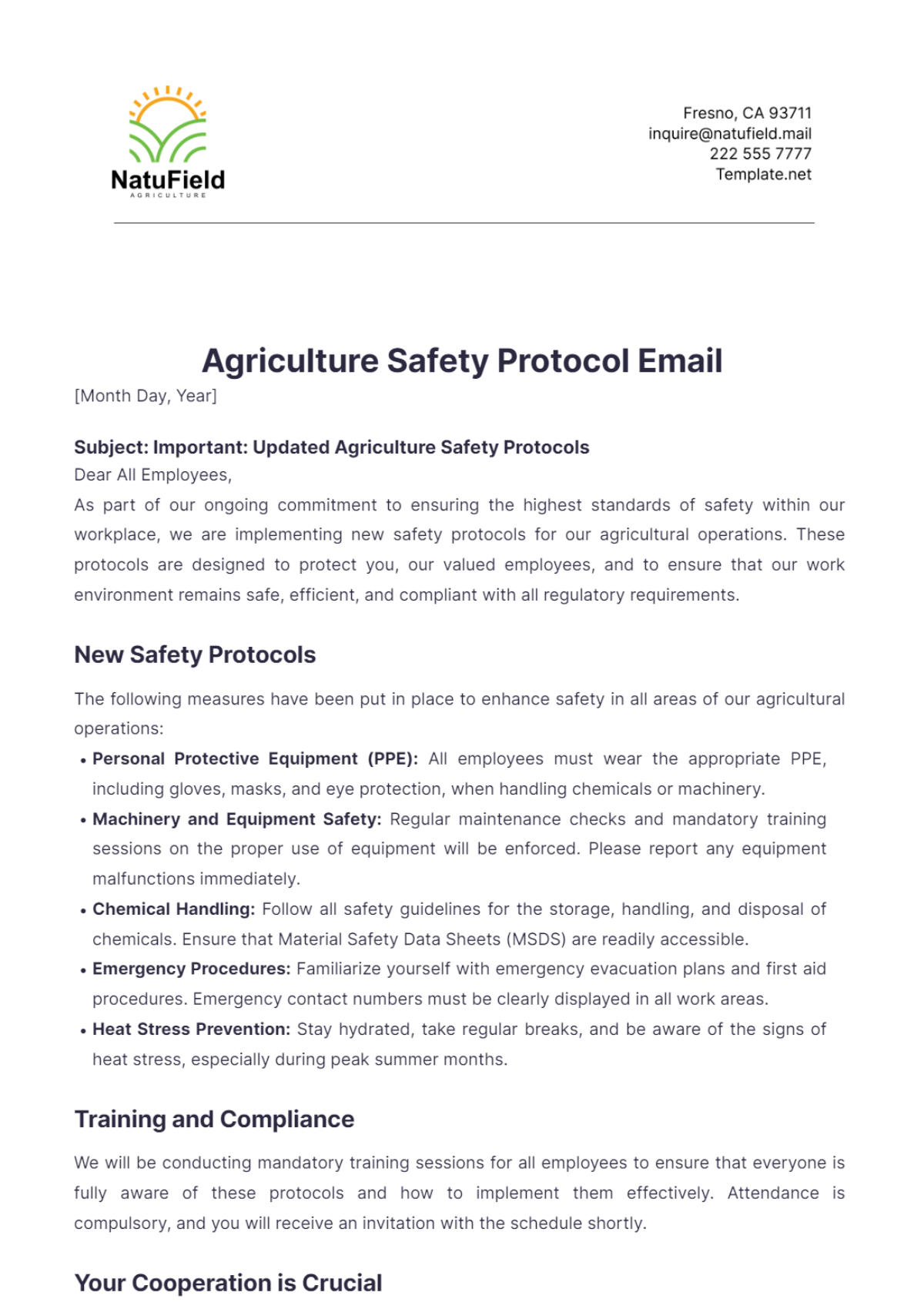 Agriculture Safety Protocol Email Template