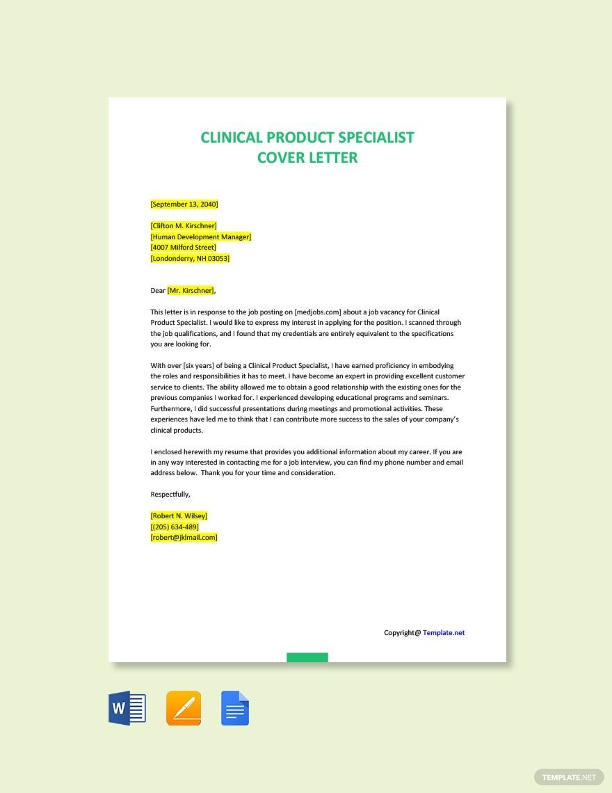 Free Clinical Product Specialist Cover Letter Template